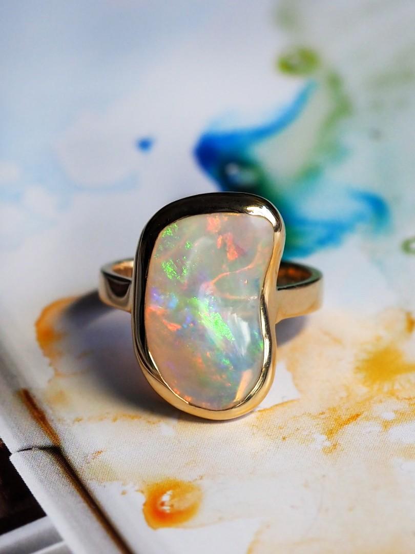Uncut Opal Gold Ring Salvador Dali Style Jewelry Natural Iridescent Stone For Sale