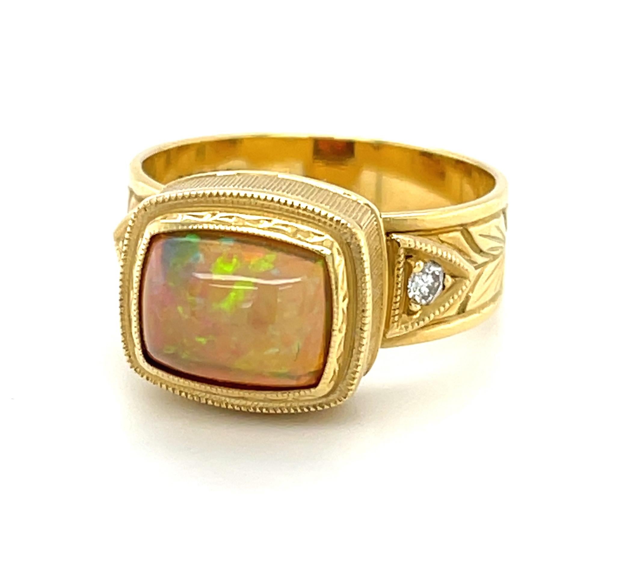 Women's or Men's Opal Cushion and Diamond Hand-Engraved Band Ring in 18k Yellow Gold  For Sale
