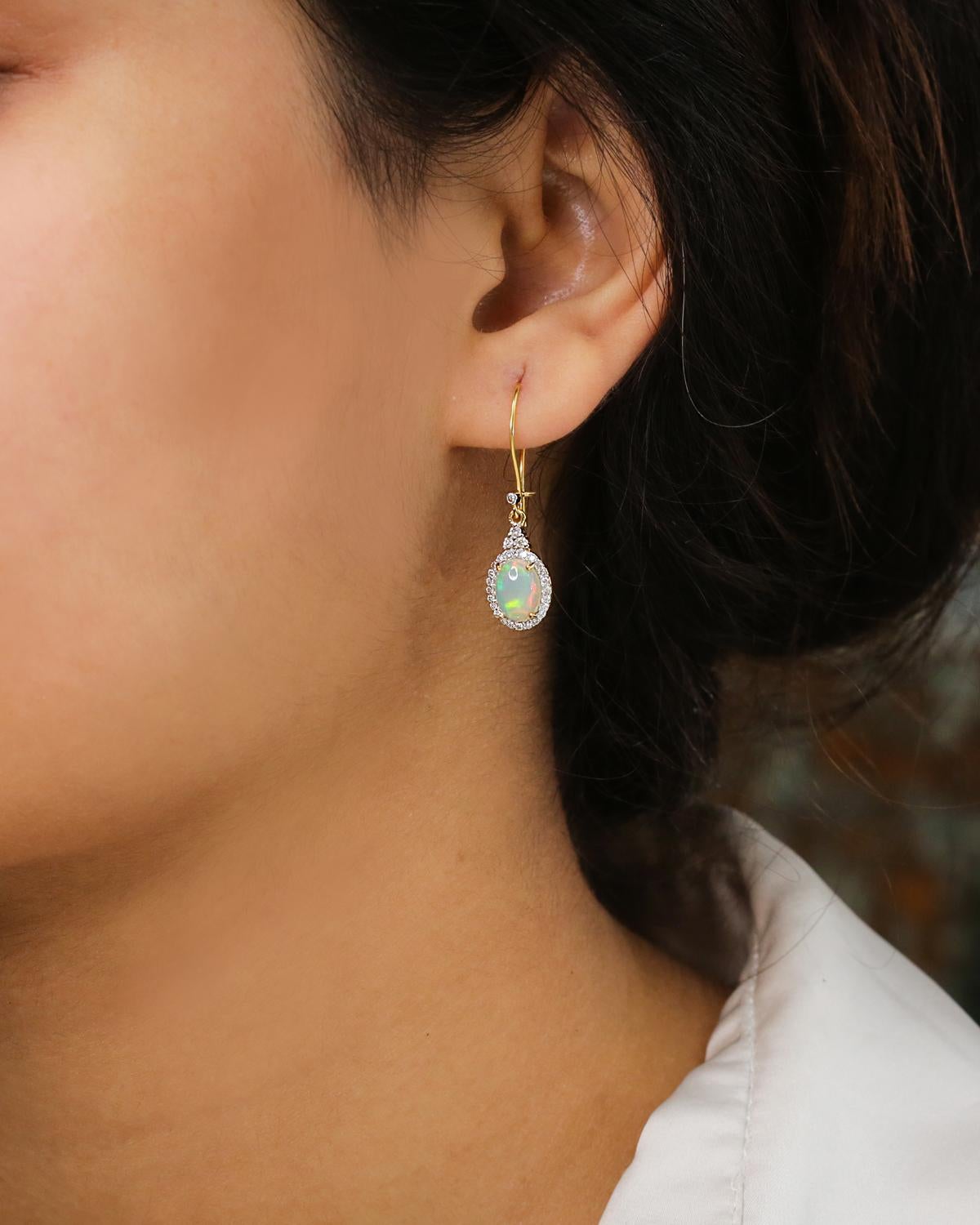 Art Deco Opal Dangle Earrings with Diamond in 14k Gold For Sale