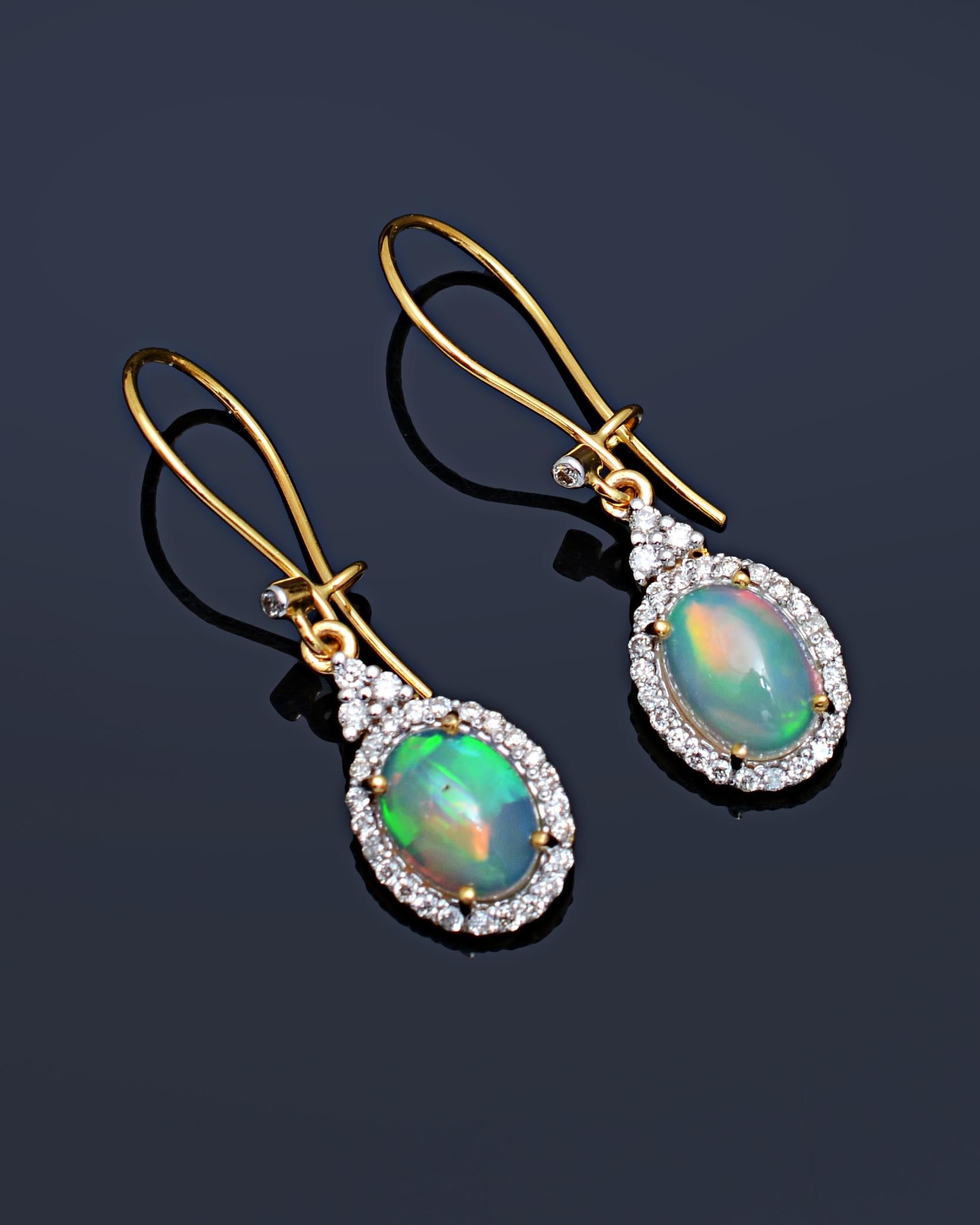 Brilliant Cut Opal Dangle Earrings with Diamond in 14k Gold For Sale