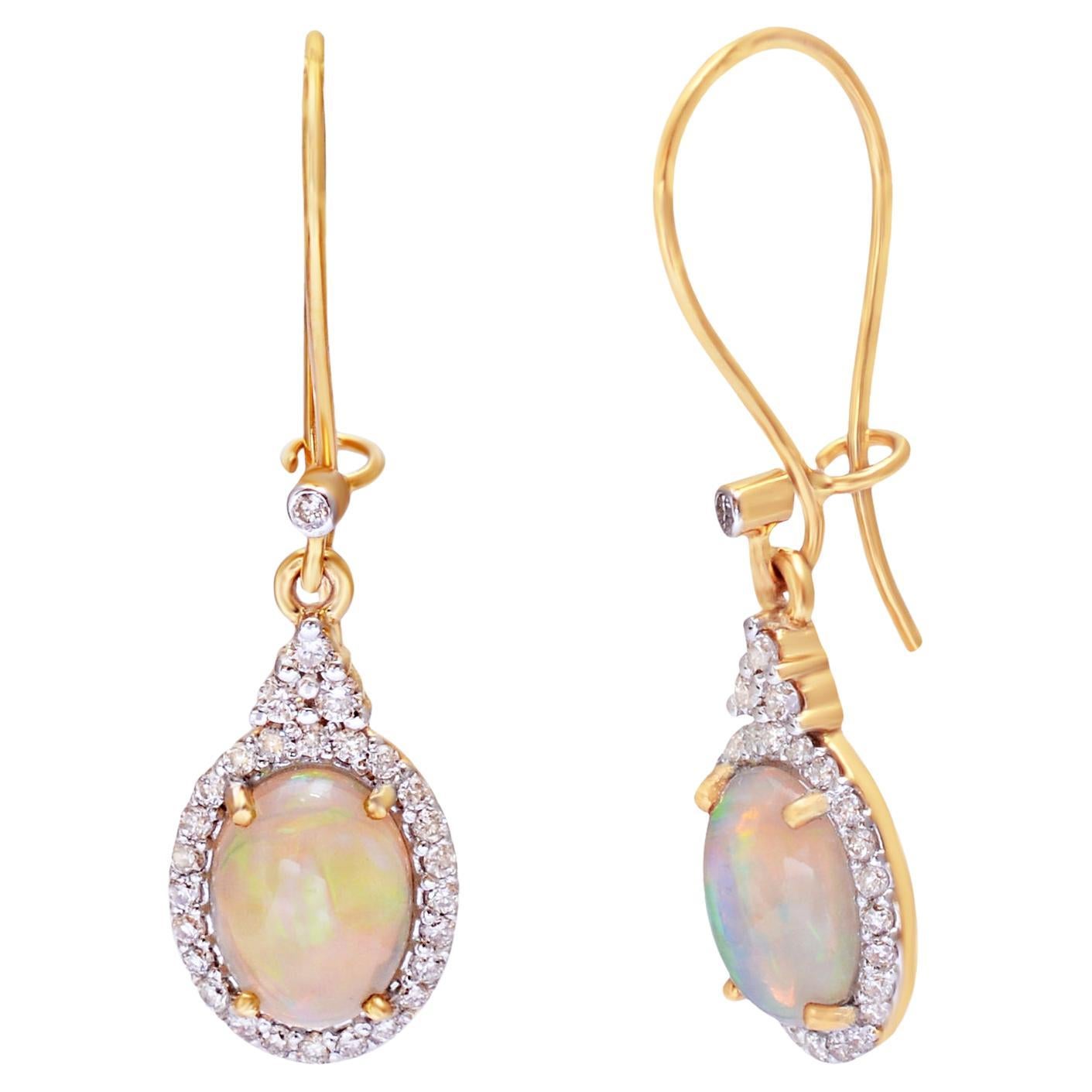 Opal Dangle Earrings with Diamond in 14k Gold For Sale