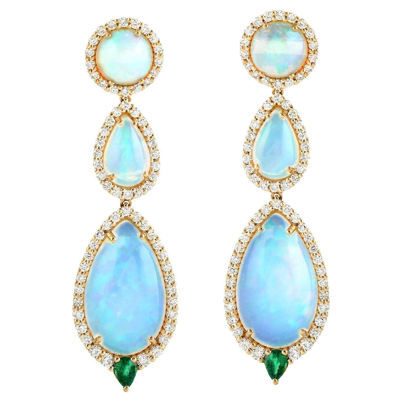 Opal Dangle Earrings With Emeralds and Diamonds 11.84 Carats 18K Gold