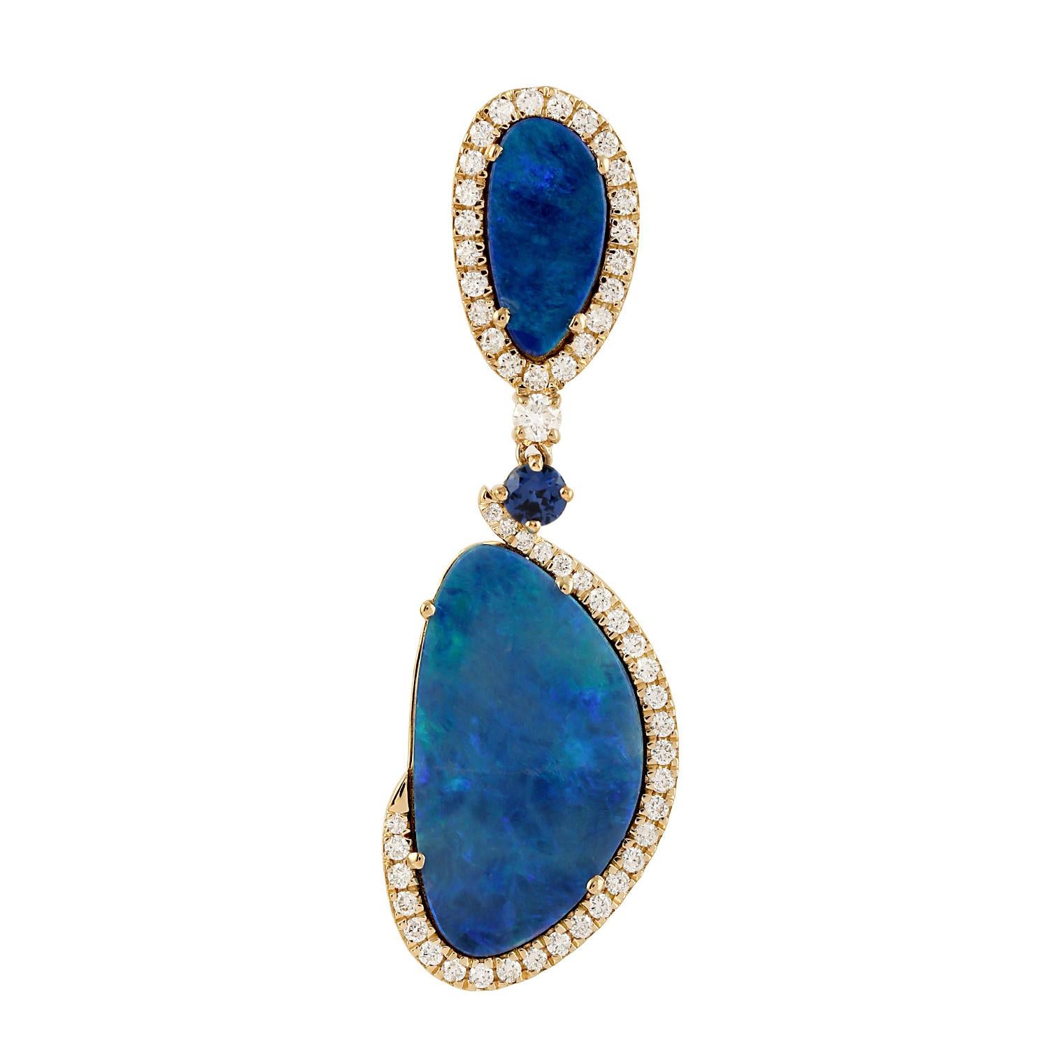 Cabochon Opal Dangle Earrings With Sapphires and Diamonds 10.06 Carats 18K Yellow Gold For Sale