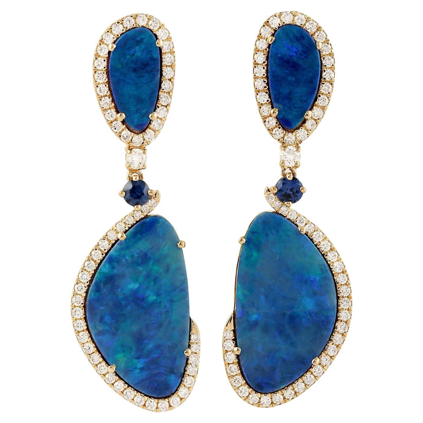 Opal Dangle Earrings With Sapphires and Diamonds 10.06 Carats 18K Yellow Gold For Sale