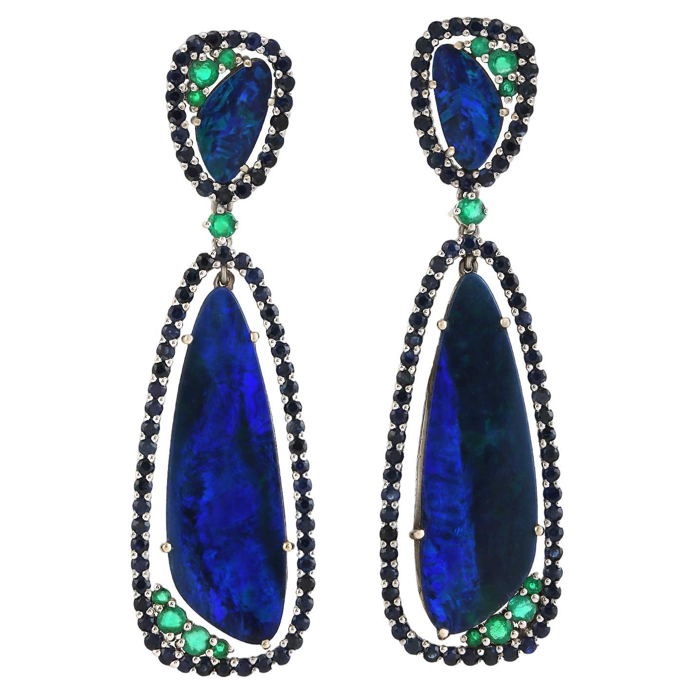 Opal Dangle Earrings With Sapphires and Emeralds 16.44 Carats 18K Gold ...