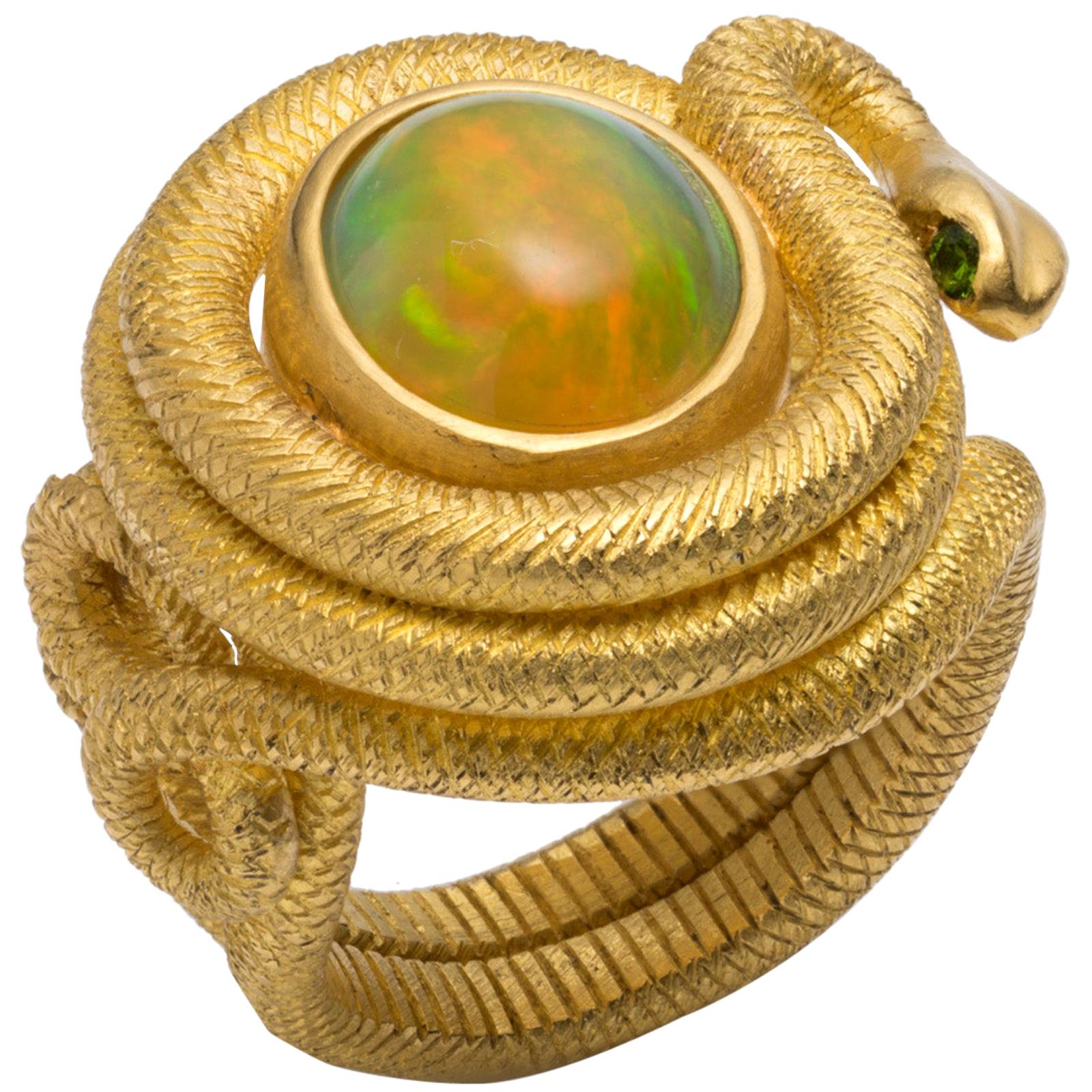 Opal, Demantoid Garnet and Handmade 22 Karat Gold Ring For Sale