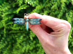 Opal Demantoid Garnet Diamond and Enamel 14k Yellow Gold Dragonfly Brooch 1886