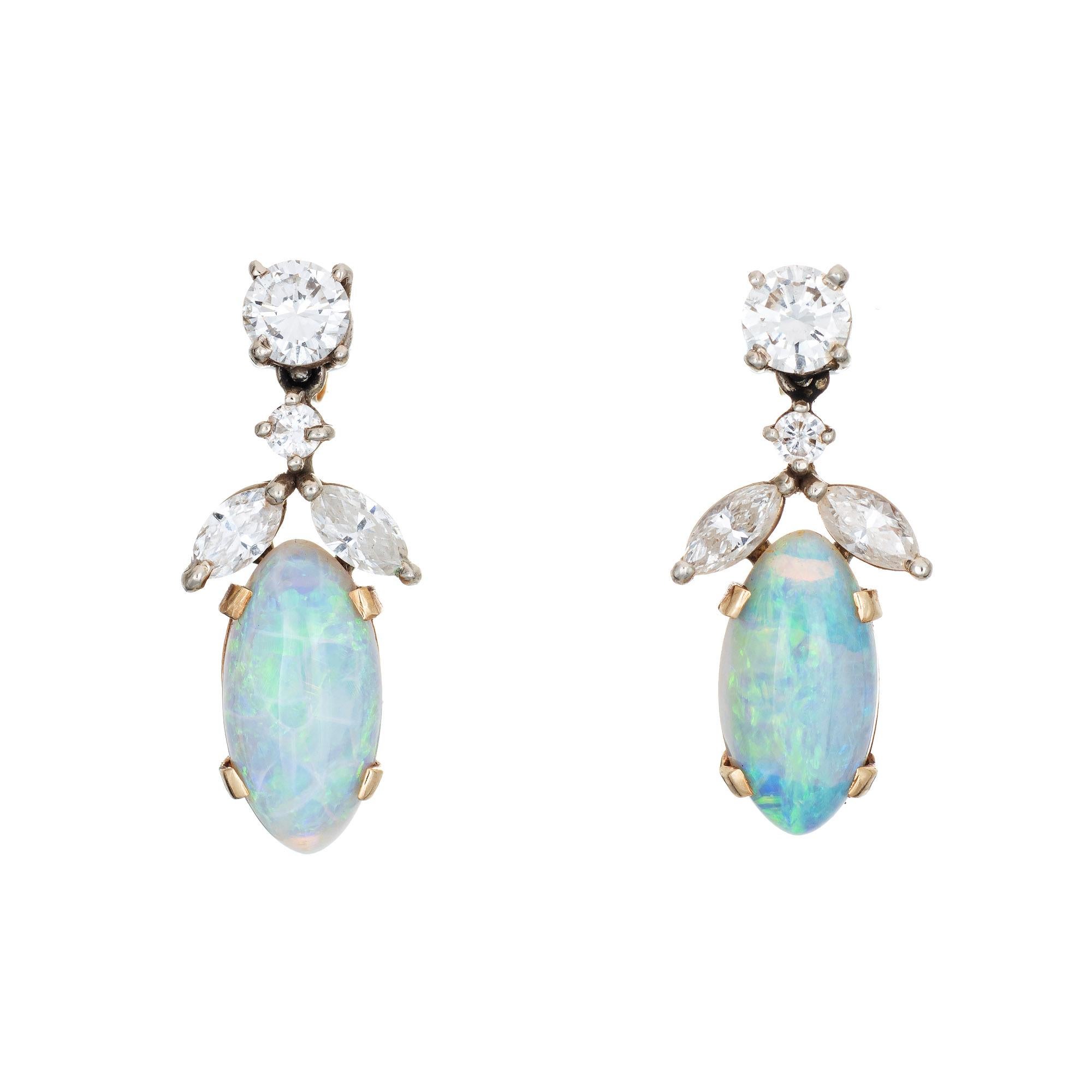 Opal-Diamant-Tropfen-Ohrringe Vintage 14k Gelbgold Nachlass-Schmuck (Ovalschliff)