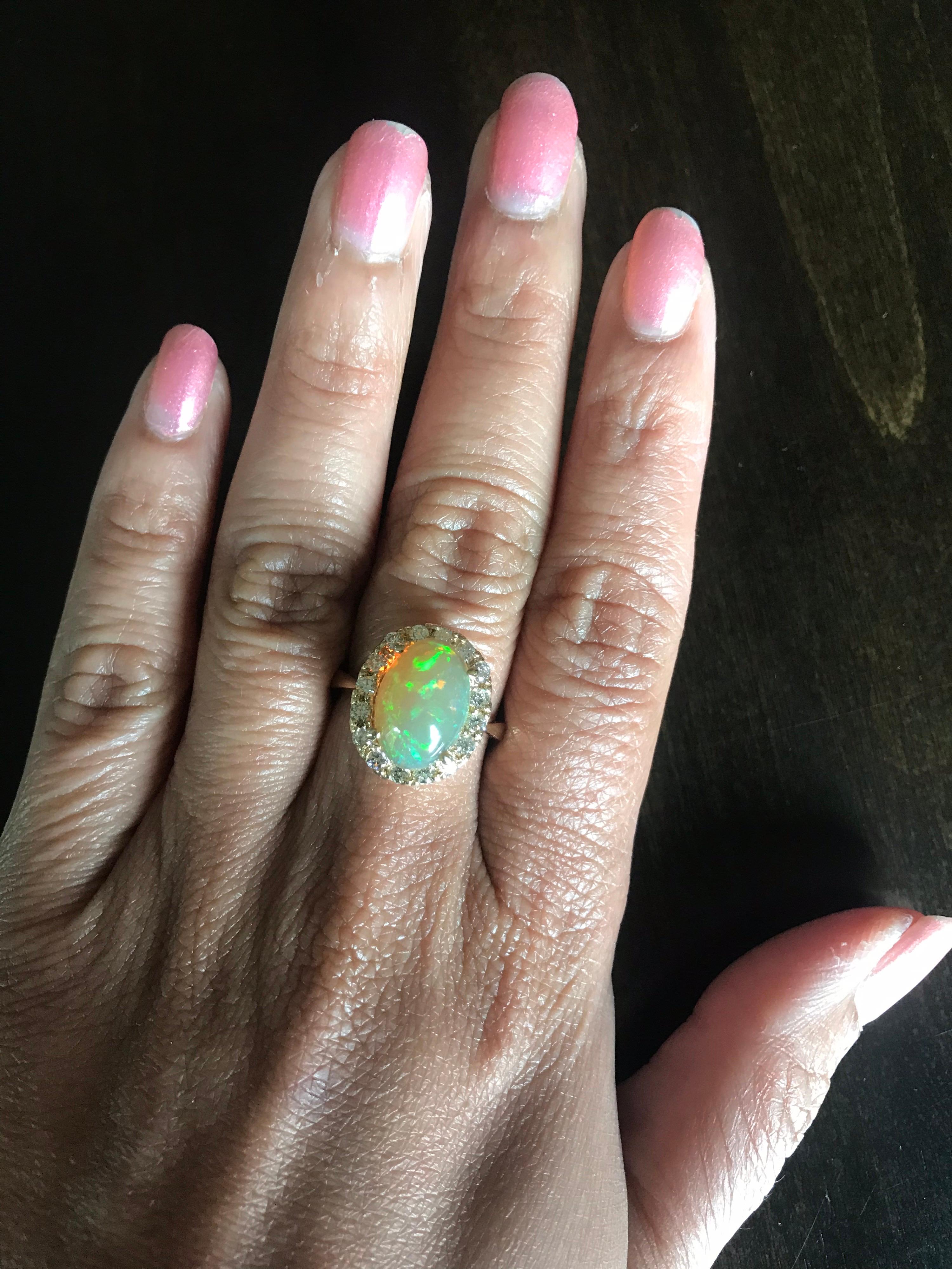 Contemporary Opal Diamond 14 Karat Yellow Gold Halo Ring For Sale