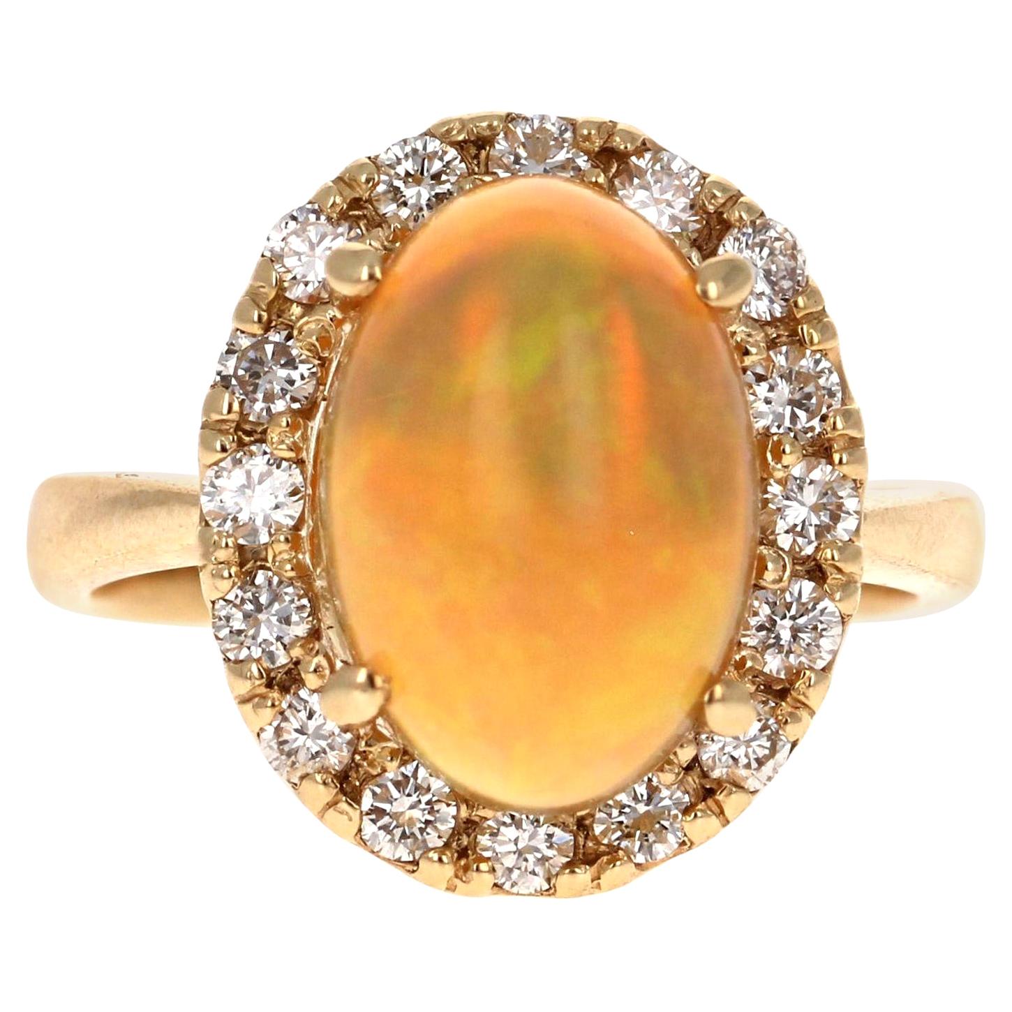 Opal Diamond 14 Karat Yellow Gold Halo Ring For Sale