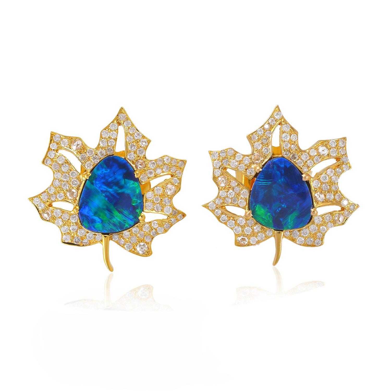 Mixed Cut Opal Diamond 18 Karat Gold Palm Leaf Stud Earrings For Sale
