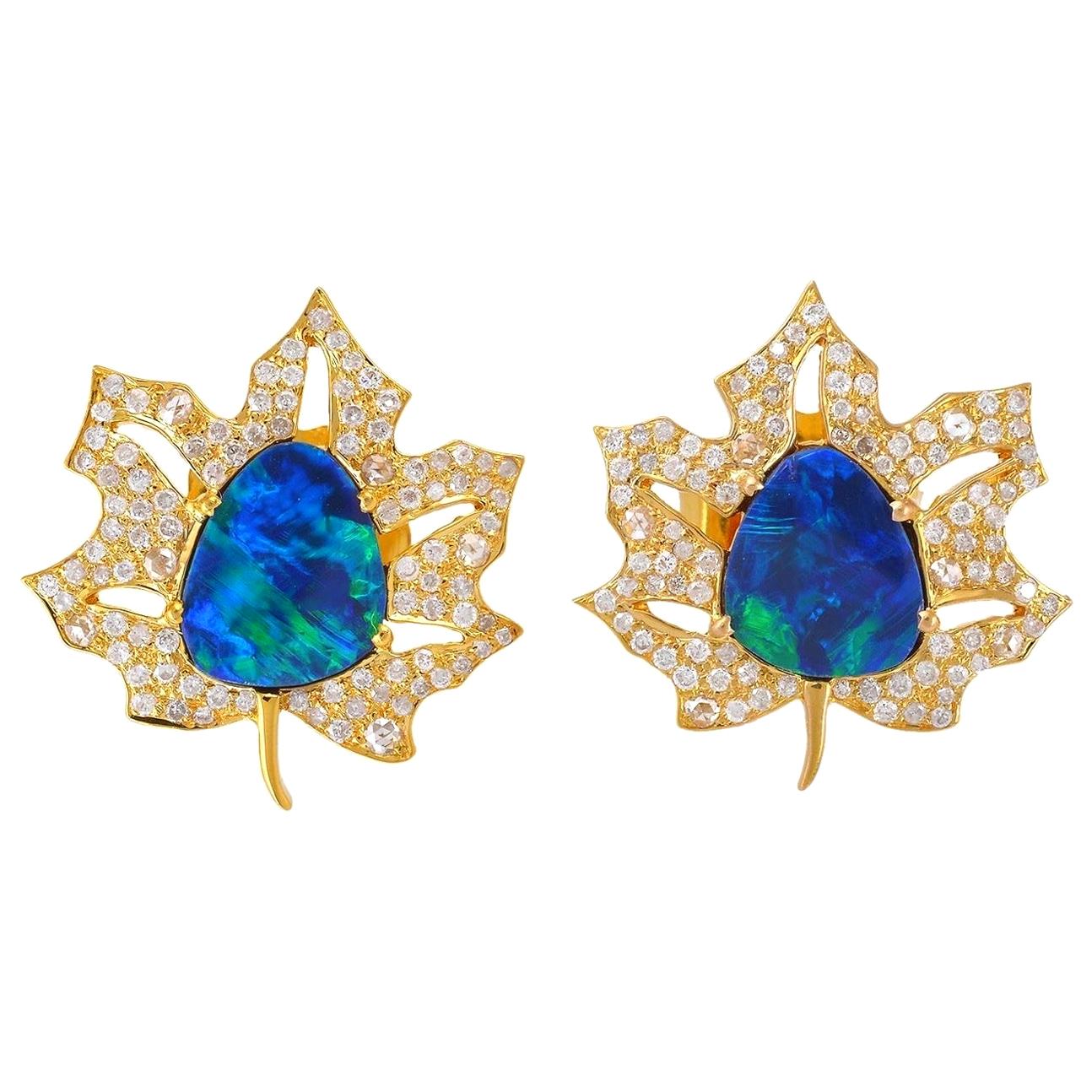 Opal Diamond 18 Karat Gold Palm Leaf Stud Earrings