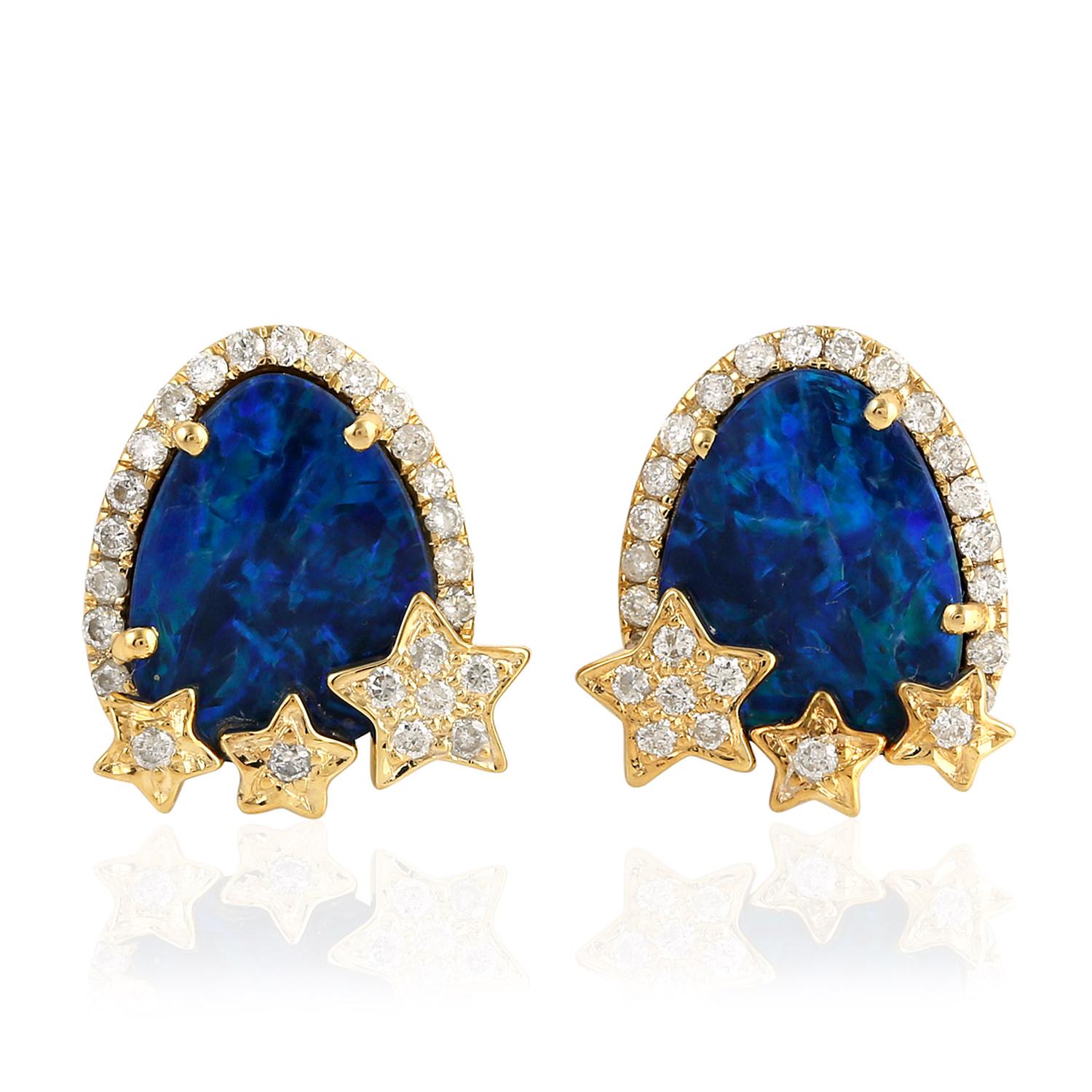 Single Cut Opal Diamond 18 Karat Gold Star Stud Earrings For Sale