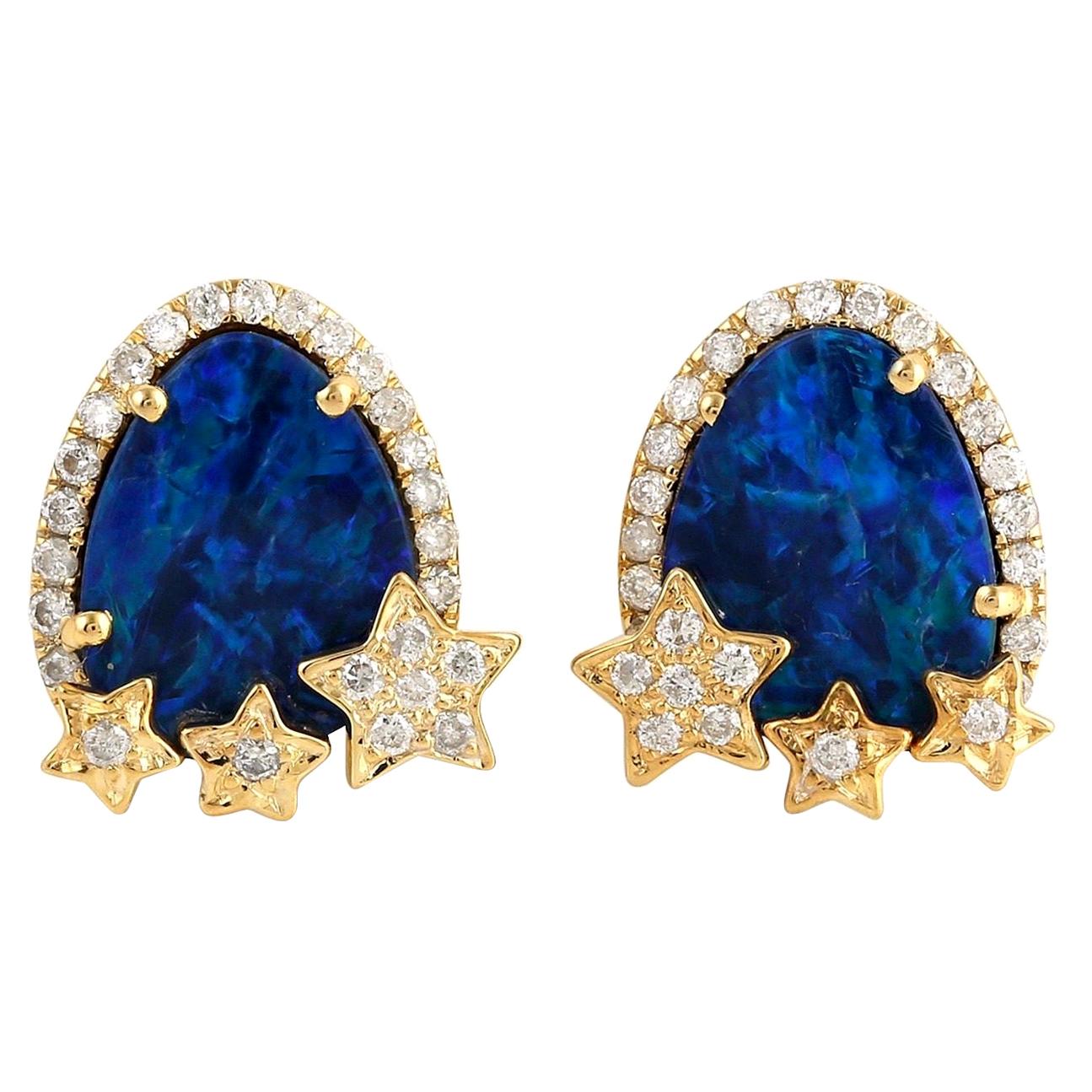 Opal Diamond 14 Karat Gold Star Stud Earrings