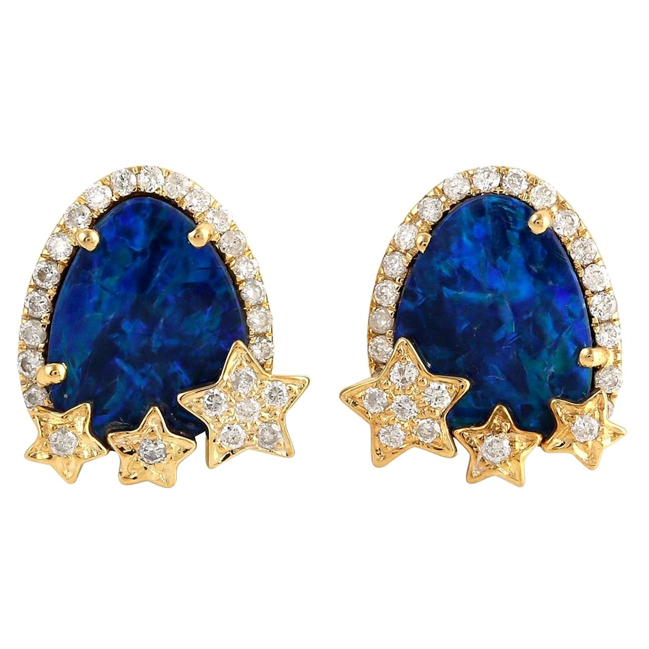 Opal Diamond 18 Karat Gold Star Stud Earrings