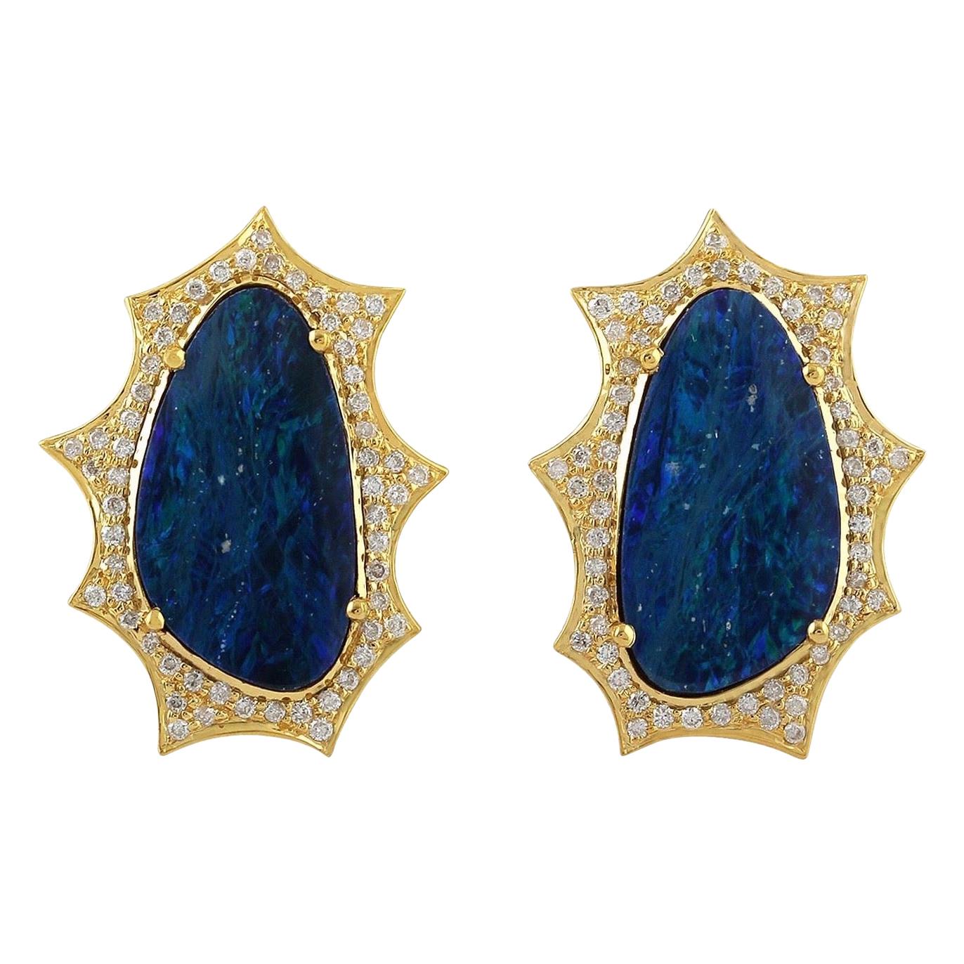Opal Diamond 18 Karat Gold Stud Earrings For Sale