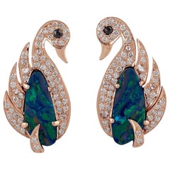 Opal Diamond 18 Karat Gold Swan Stud Earrings