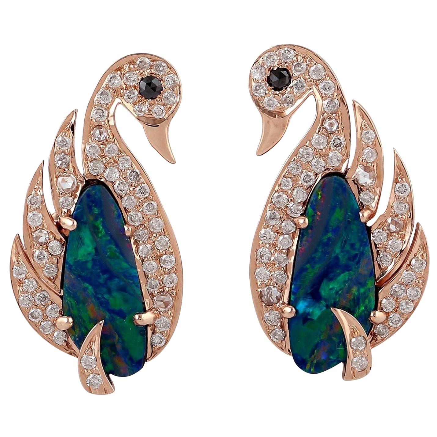 Opal Diamond 18 Karat Gold Swan Stud Earrings For Sale