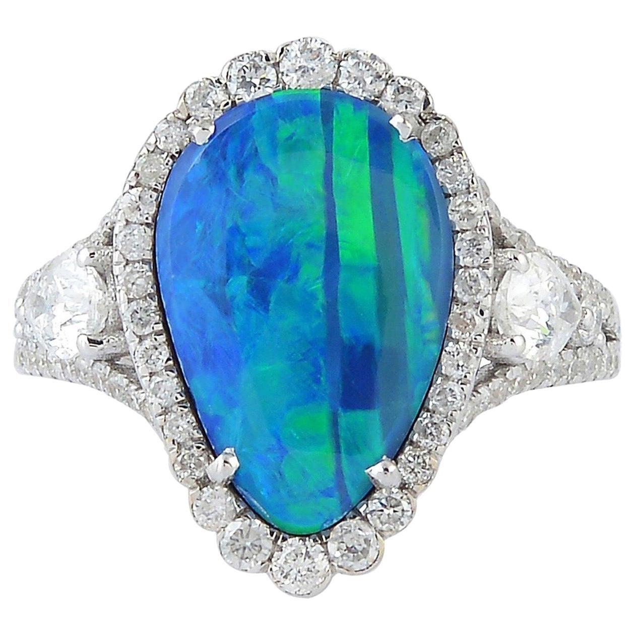 For Sale:  Opal Diamond 14 Karat White Gold Ring