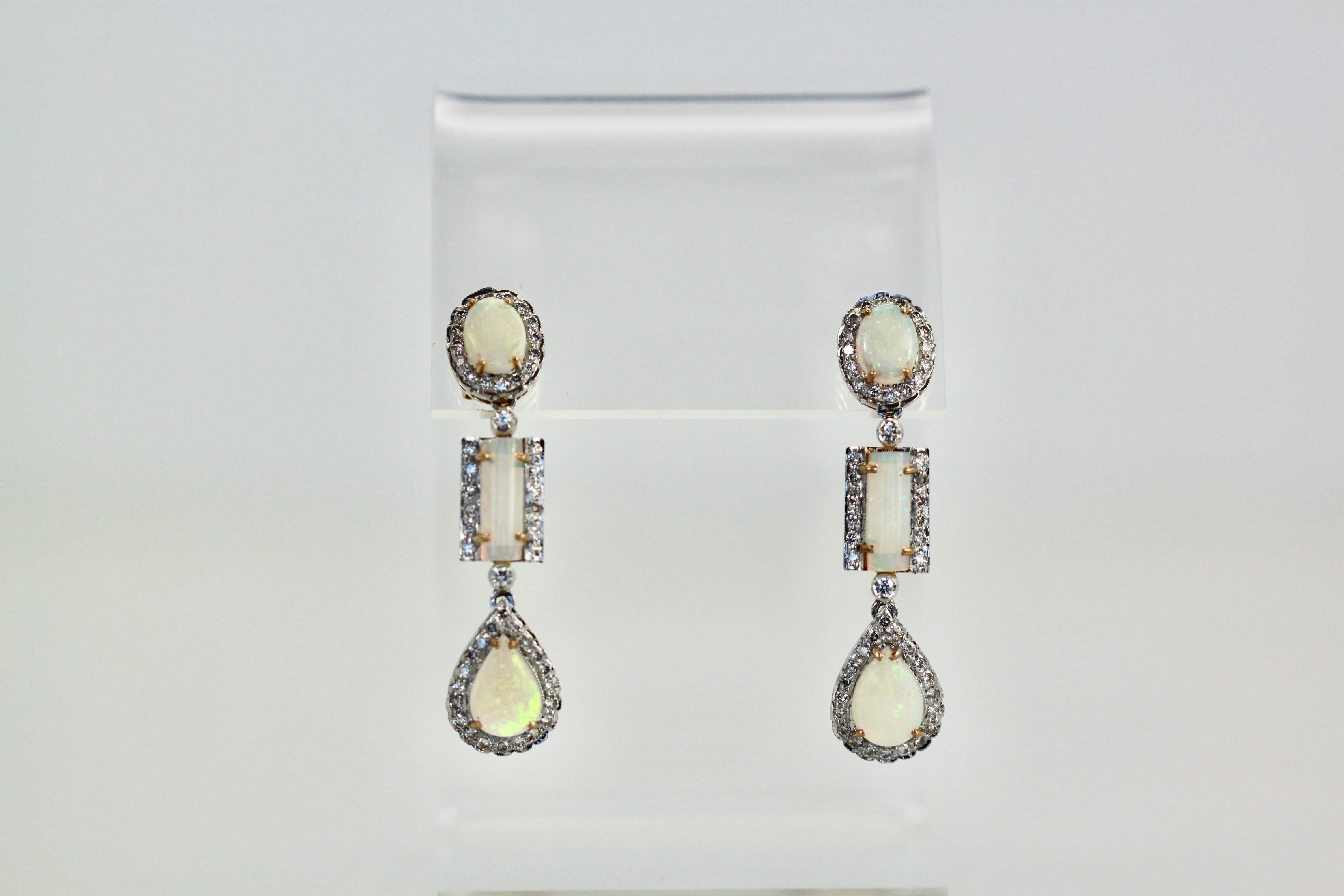 Opal Diamond 18K Drop Earrings In Good Condition For Sale In North Hollywood, CA