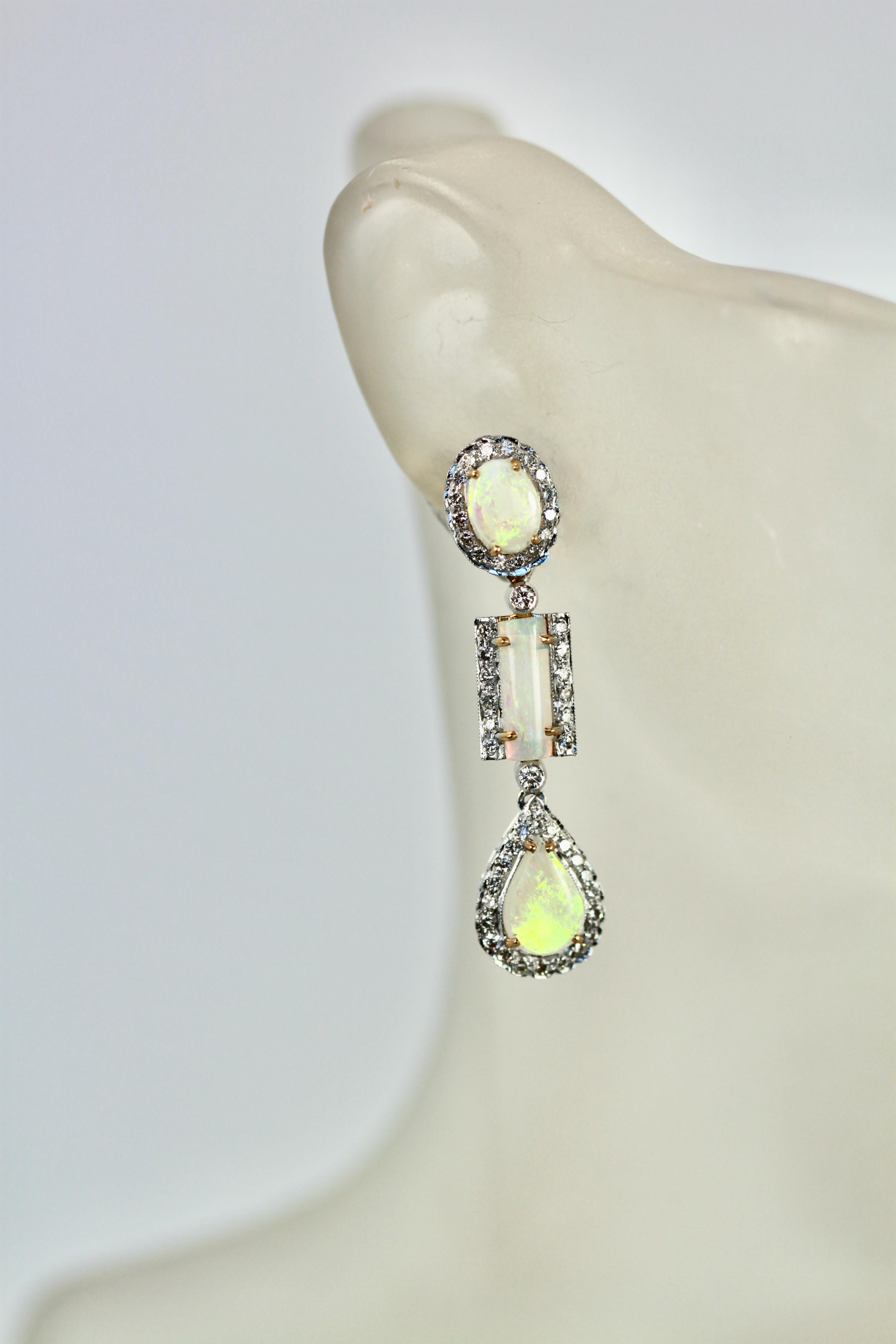 Women's Opal Diamond 18K Drop Earrings For Sale