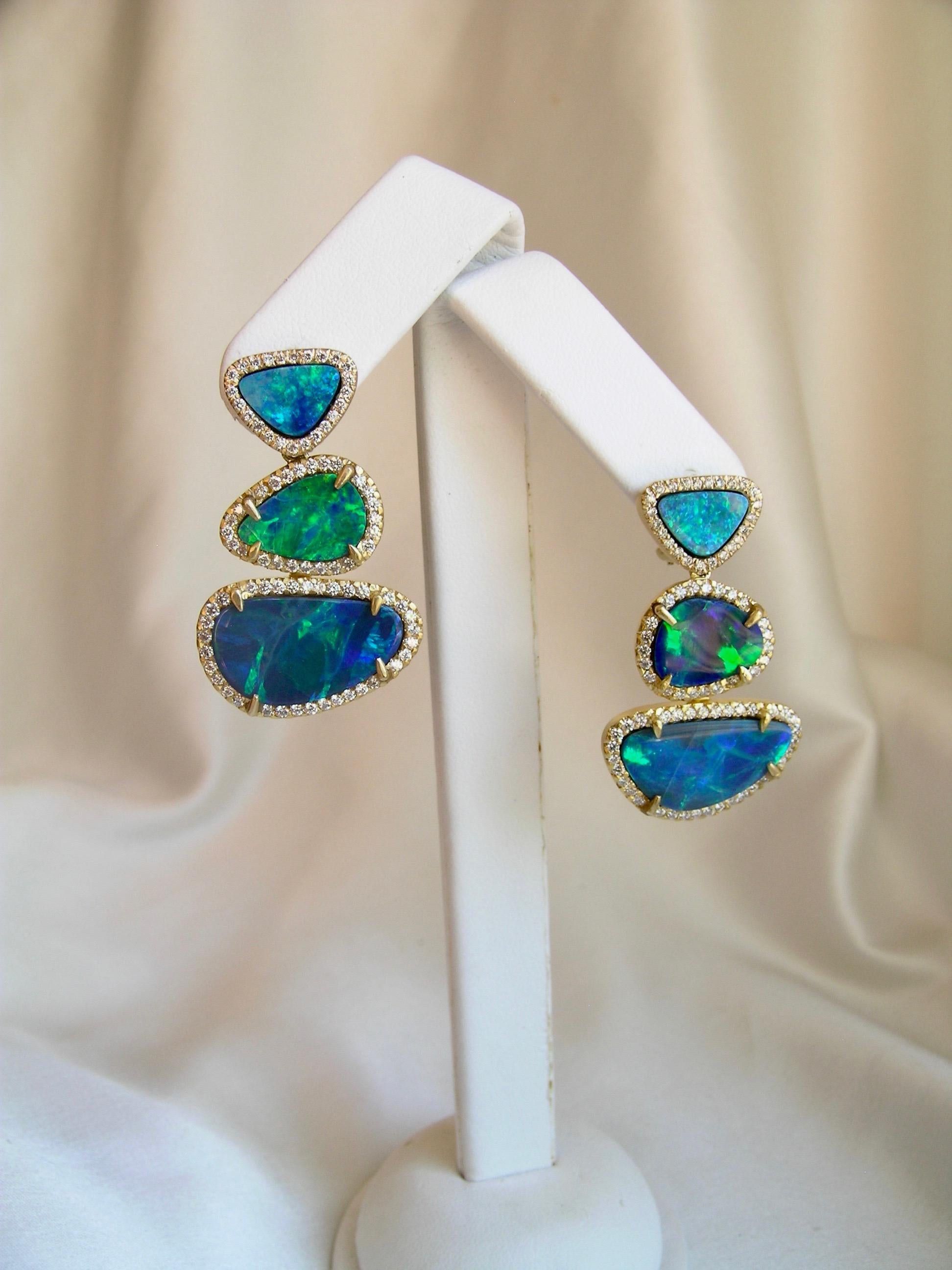 Renaissance Opal, Diamond & 18k Gold Hanging Earrings