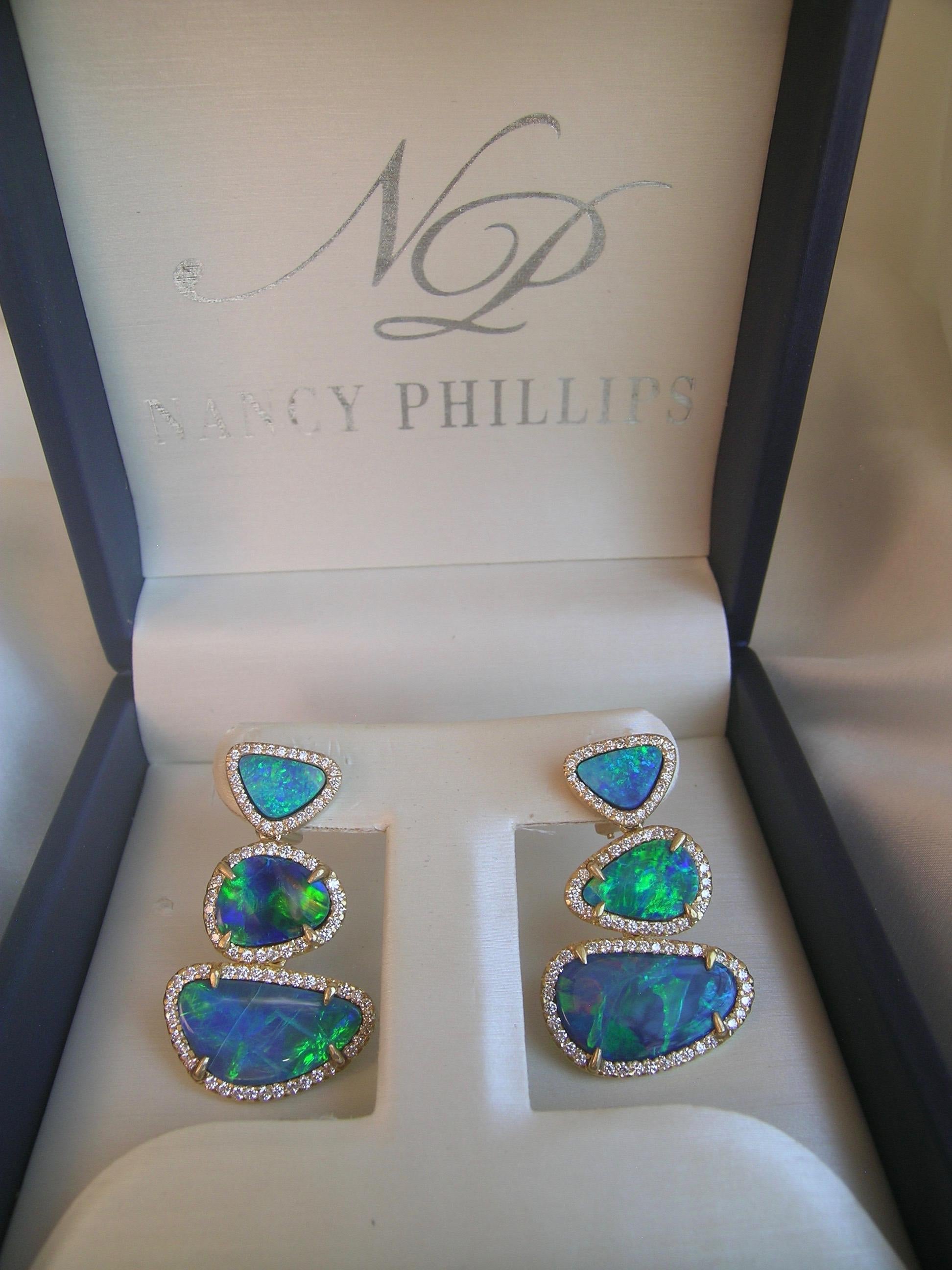 Women's or Men's Opal, Diamond & 18k Gold Hanging Earrings