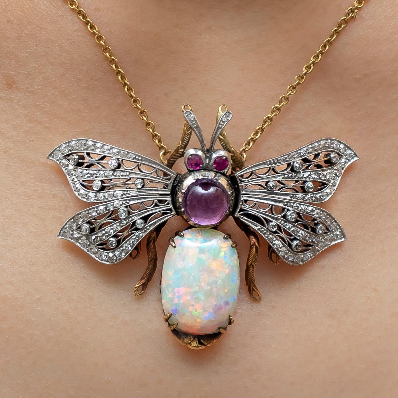 Oval Cut Opal, Diamond and Amethyst Bee Pendant For Sale