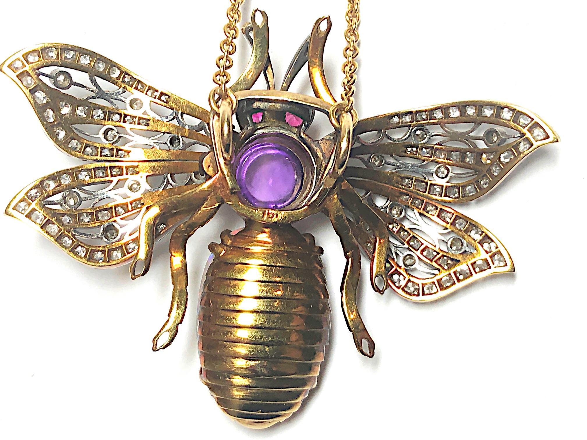 Oval Cut Opal, Diamond and Amethyst Bee Pendant For Sale