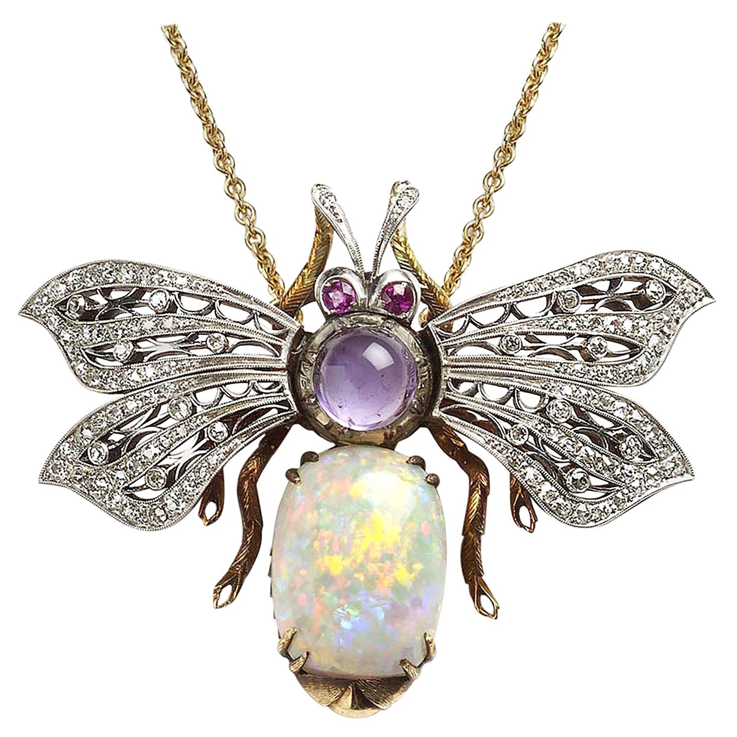 Opal, Diamond and Amethyst Bee Pendant For Sale