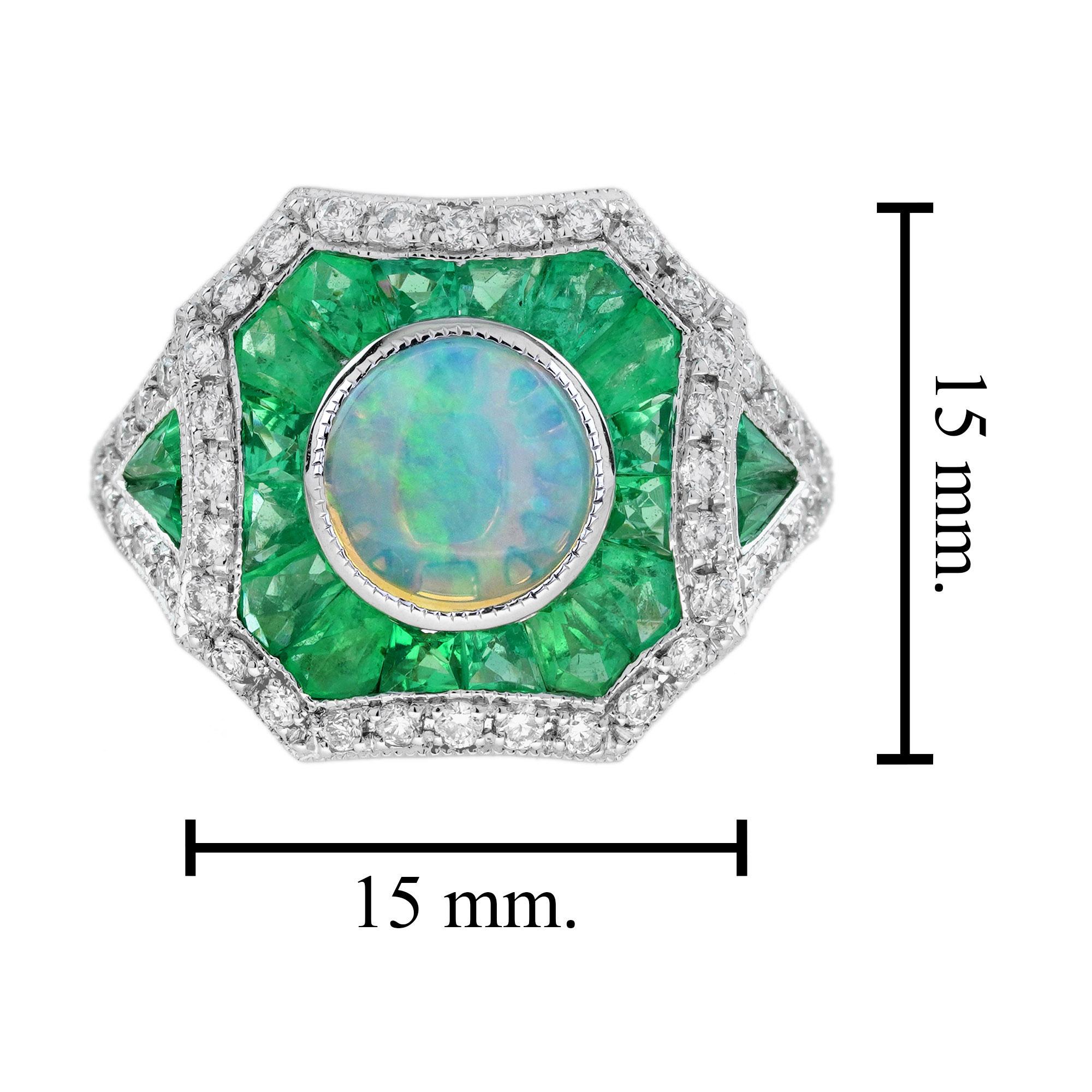 Opal Diamond Emerald  Art Deco Style Target Engagement Ring in 14K White Gold For Sale 2