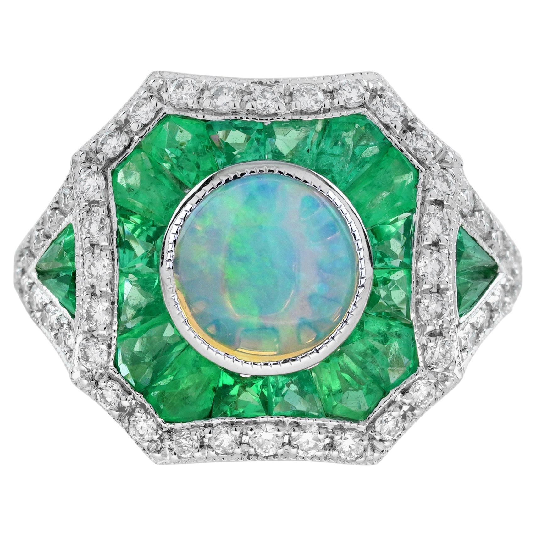 Opal Diamond Emerald  Art Deco Style Target Engagement Ring in 14K White Gold