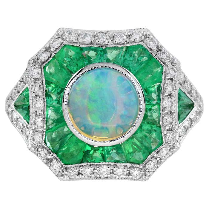 Opal Diamond Emerald Art Deco Style Target Engagement Ring in 14K White ...