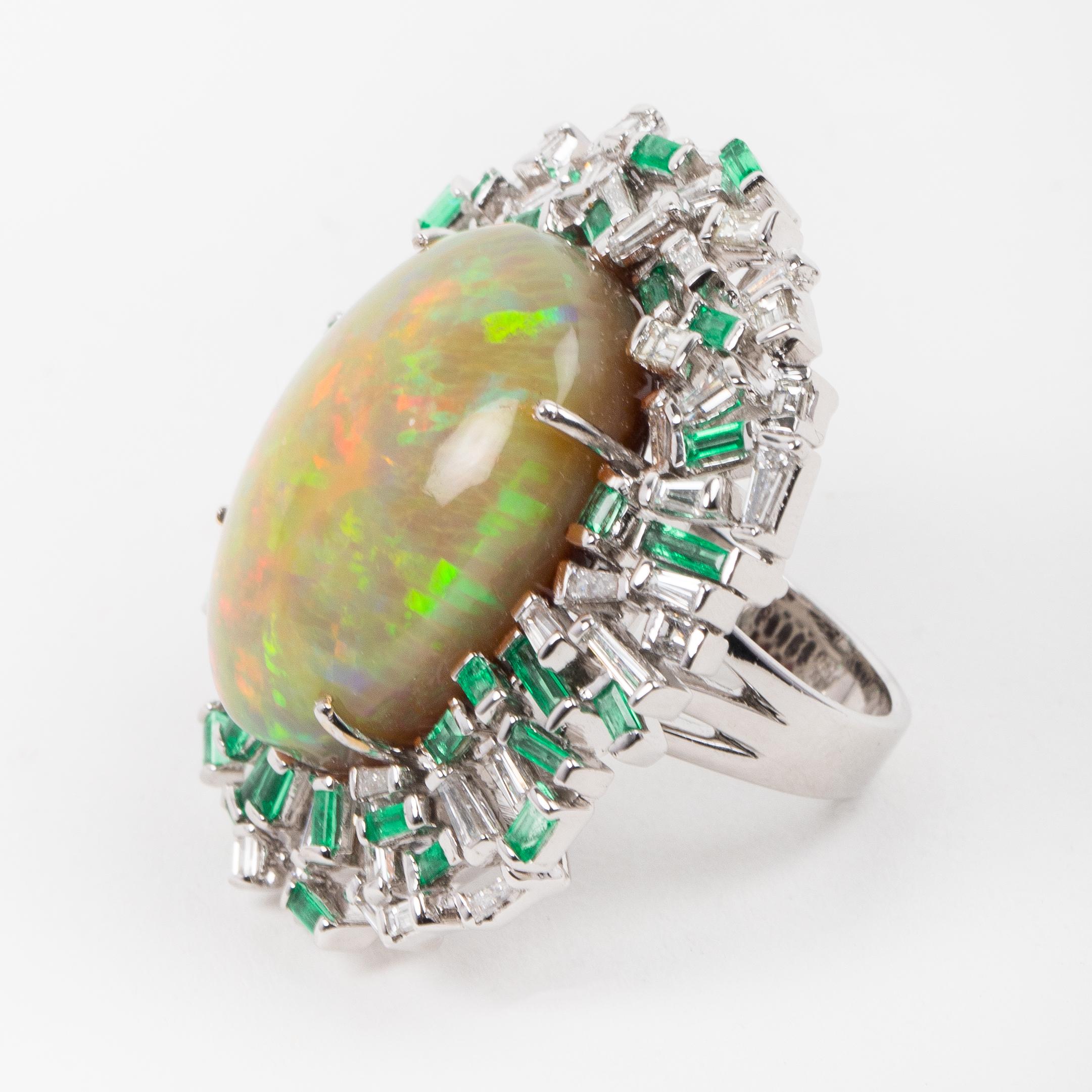 Art Deco Opal Diamond and Emerald Ring For Sale