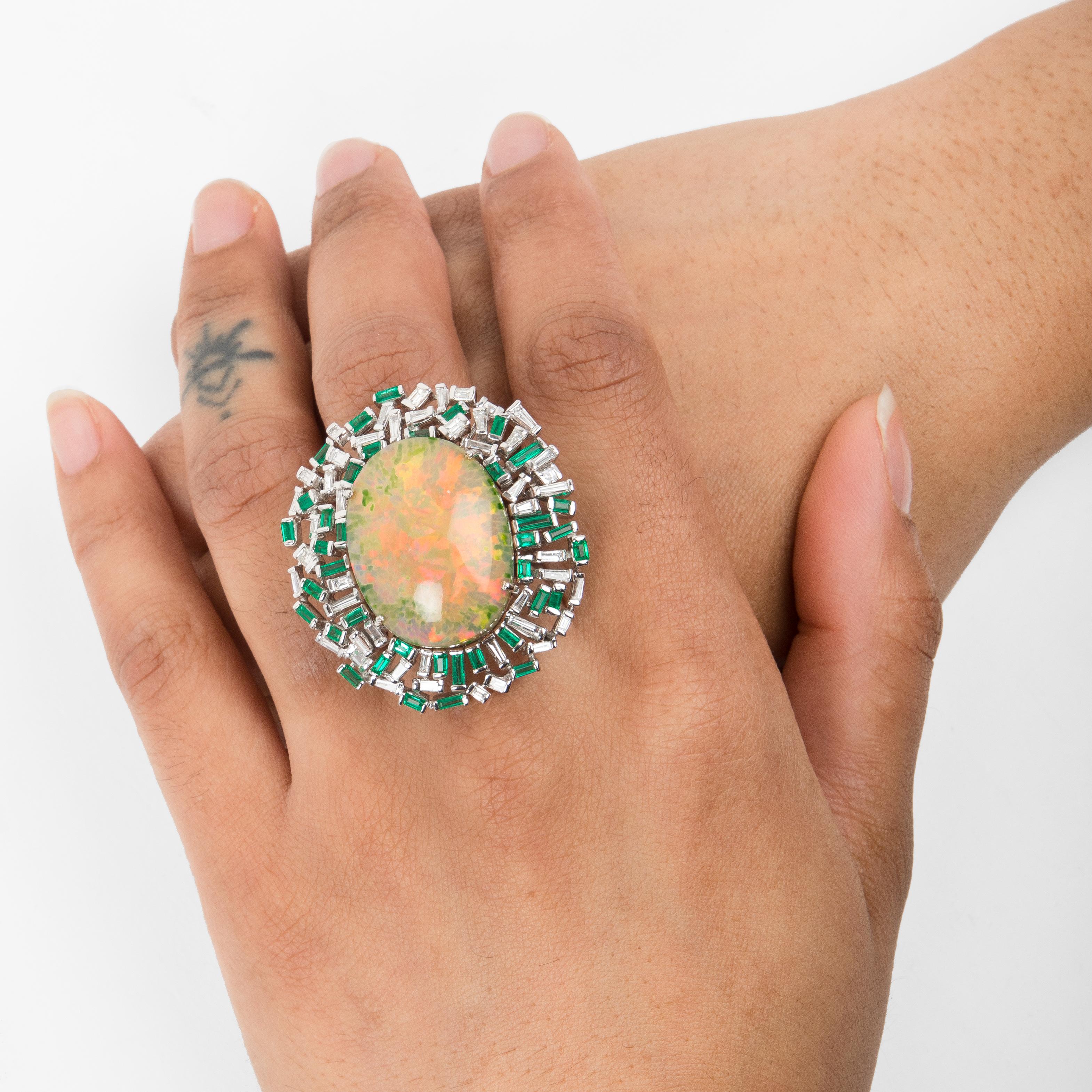 Opal Diamond and Emerald Ring In New Condition For Sale In New York, NY