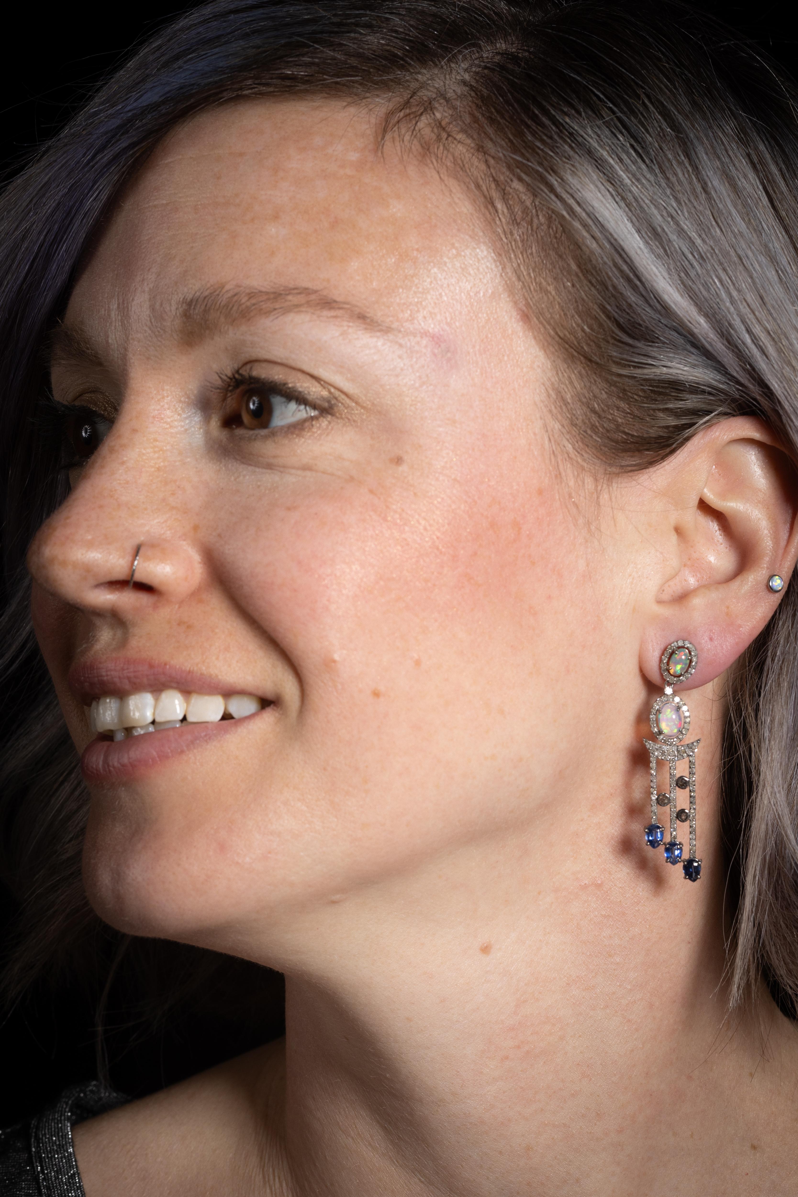 Opal, Diamond and Kyanite Dangle Earrings In Excellent Condition For Sale In Nantucket, MA