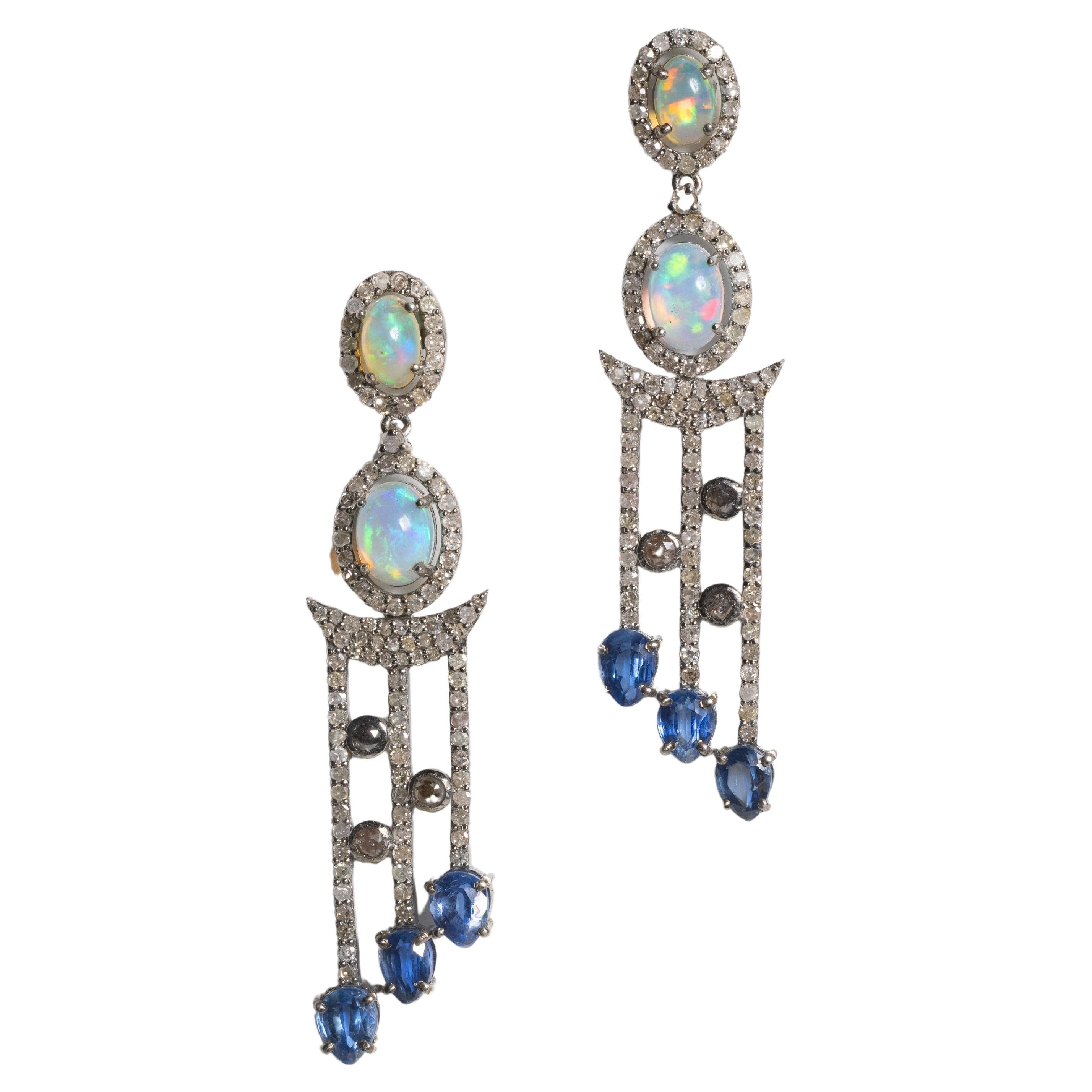 Opal, Diamond and Kyanite Dangle Earrings