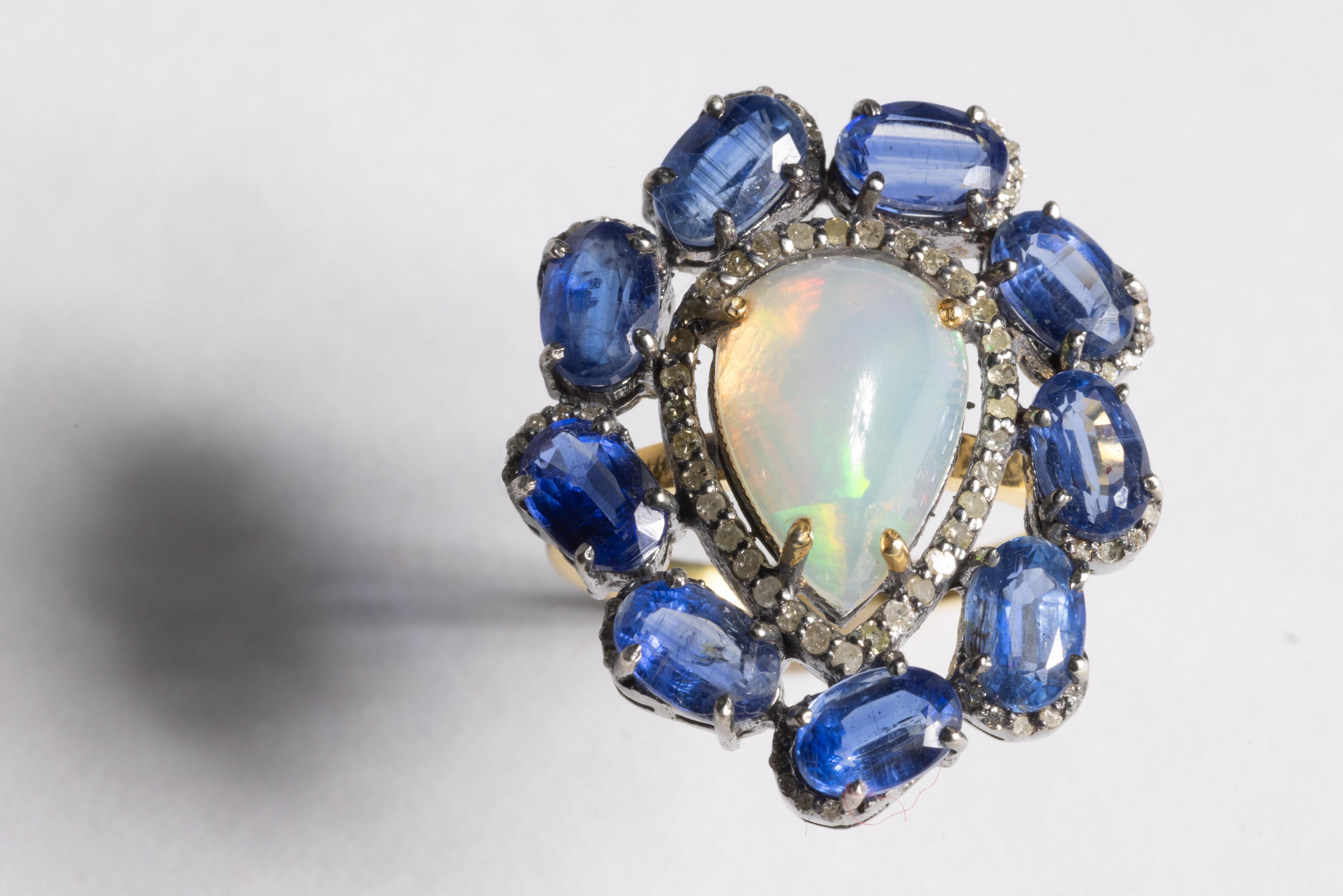 Pear Cut Opal, Diamond and  Kyanite Gemstone Cocktail Ring For Sale