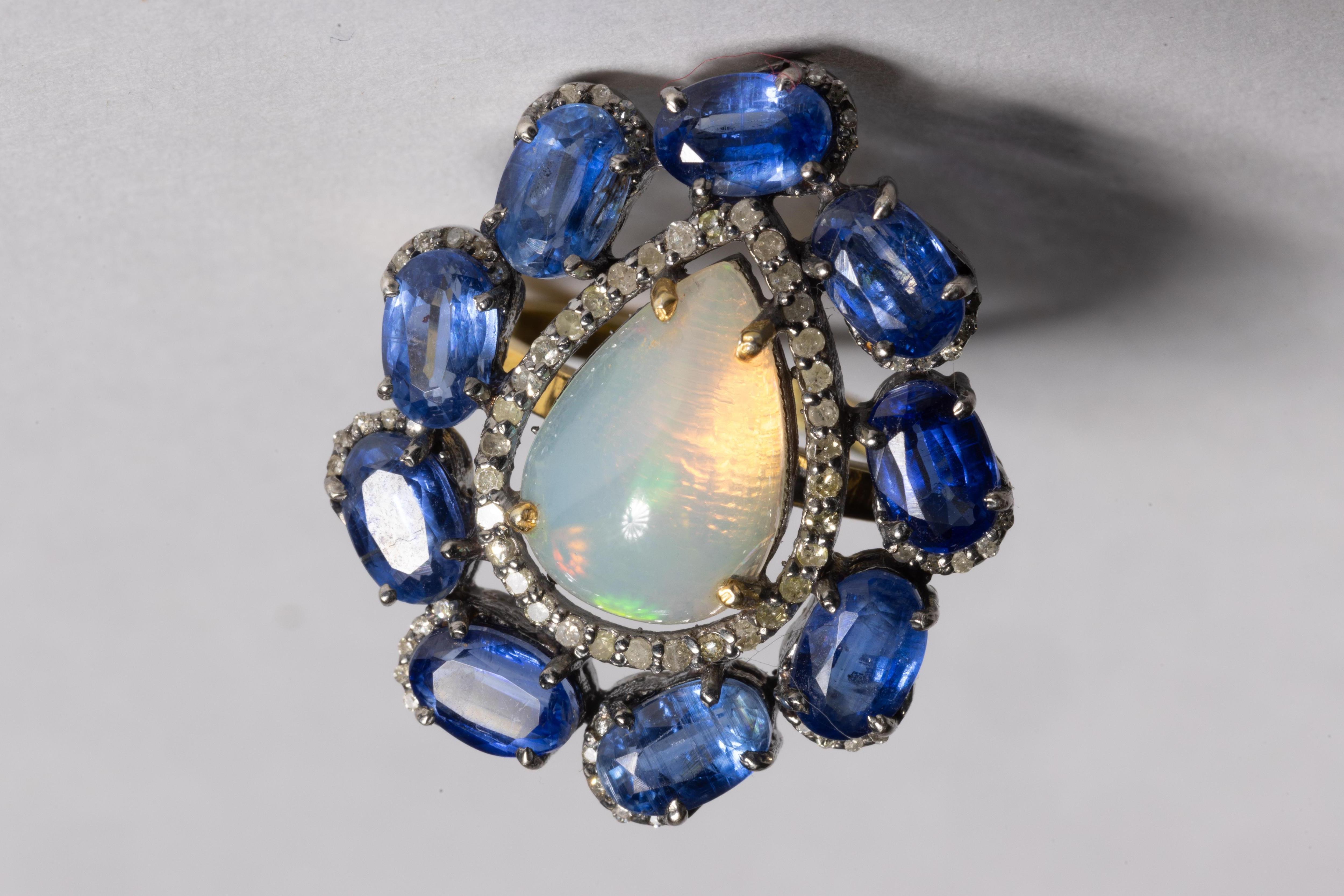 Opal, Diamond and  Kyanite Gemstone Cocktail Ring In Excellent Condition For Sale In Nantucket, MA