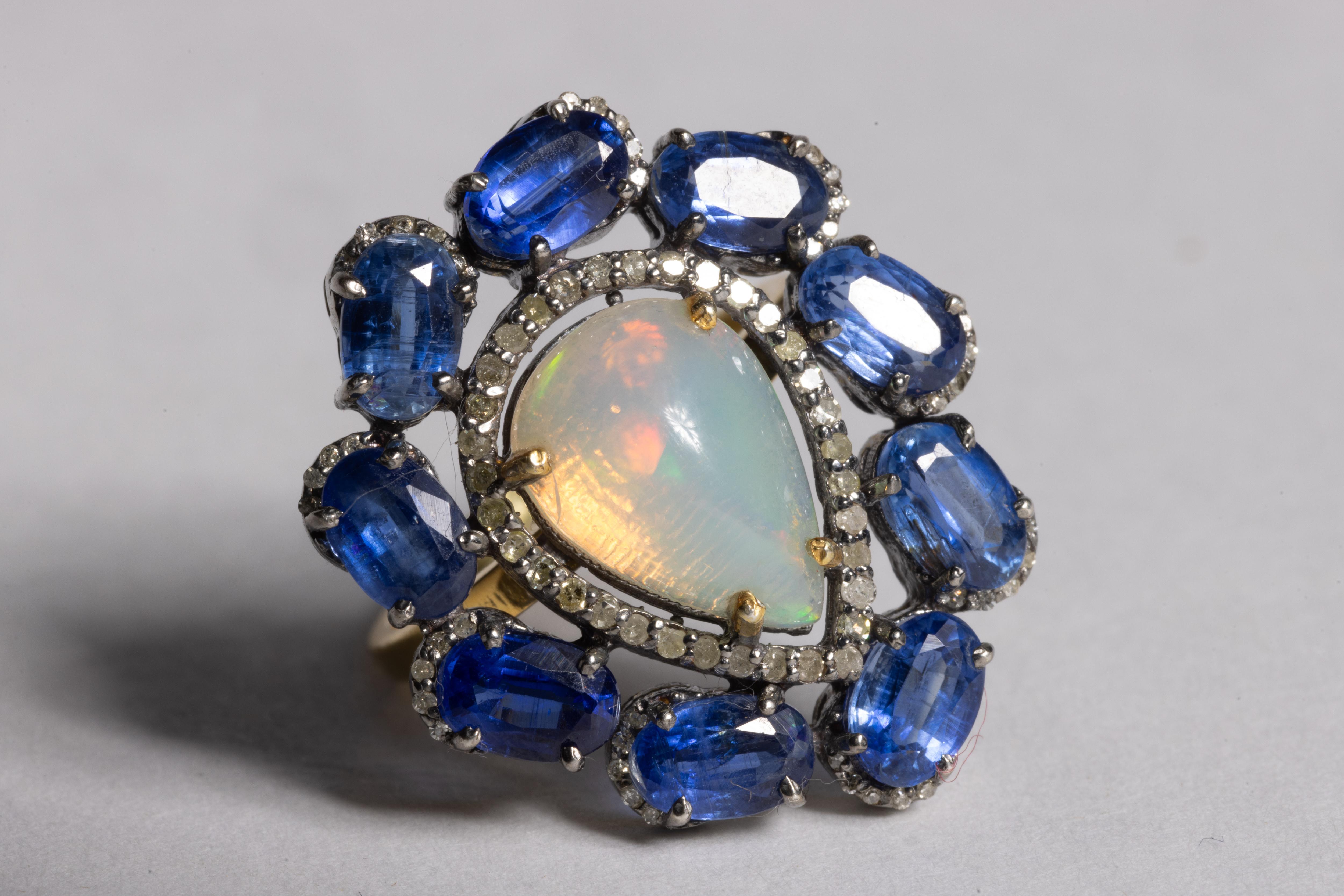 Women's or Men's Opal, Diamond and  Kyanite Gemstone Cocktail Ring For Sale