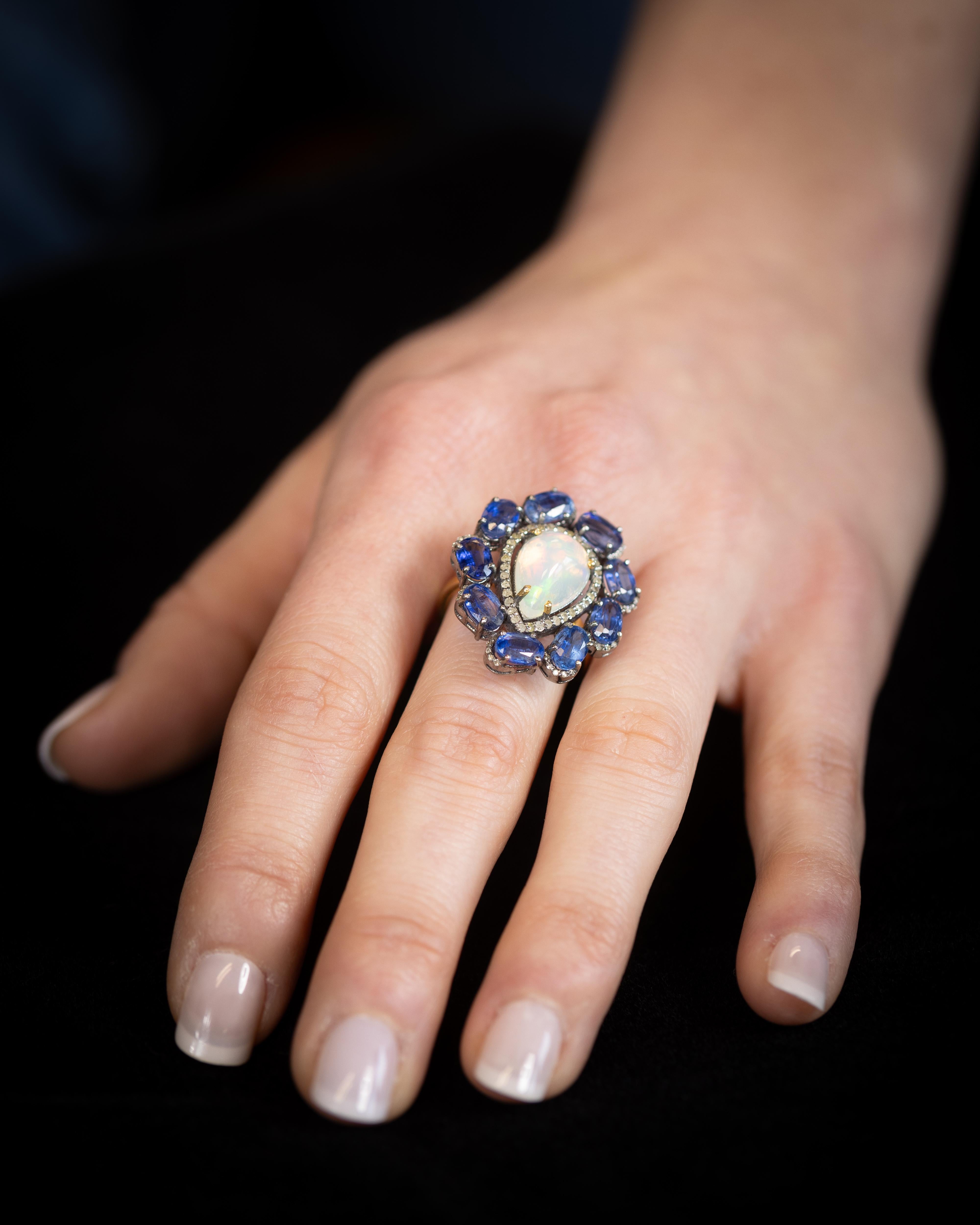 Opal, Diamond and  Kyanite Gemstone Cocktail Ring For Sale 1