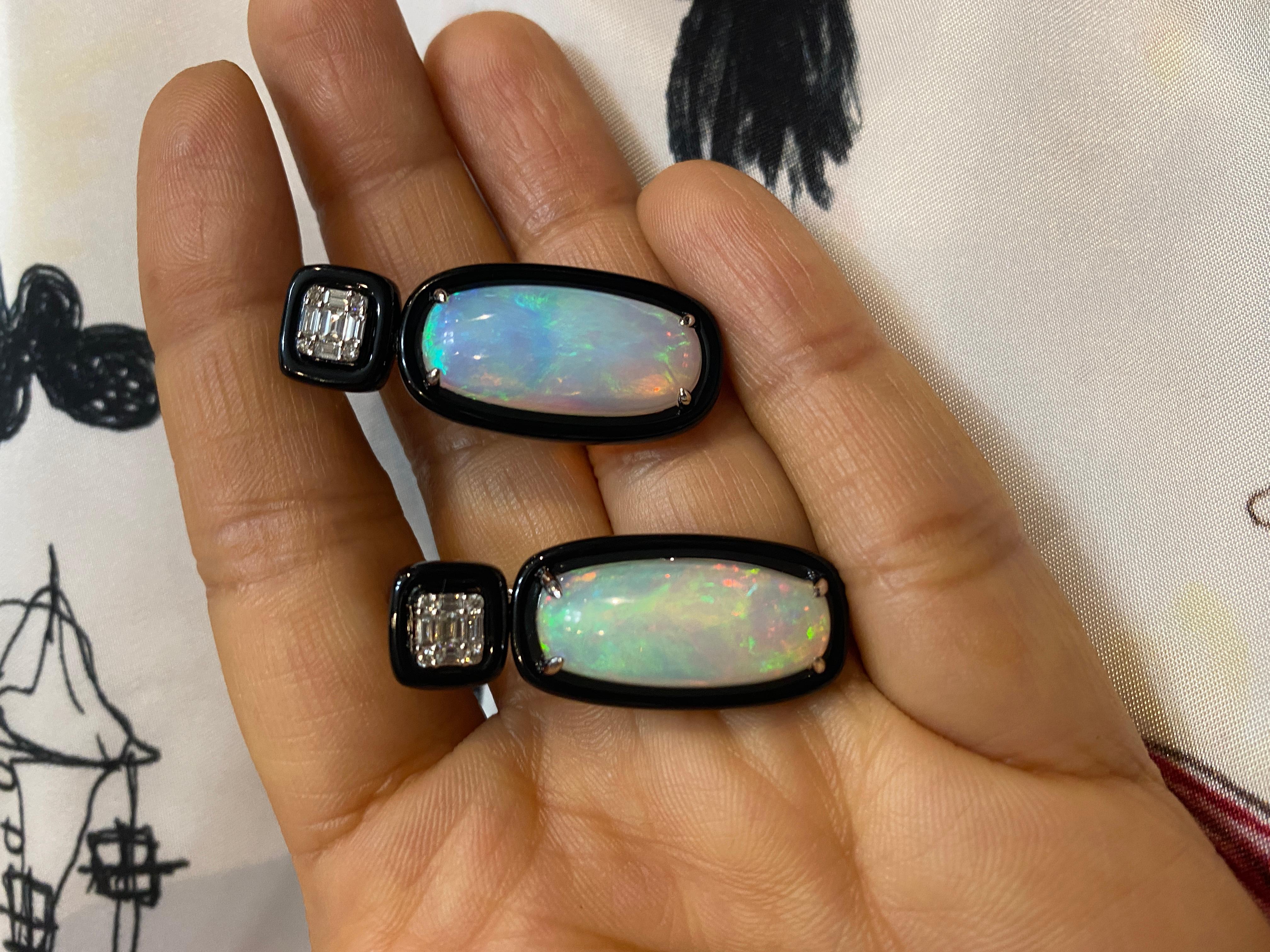 Opal Diamond (14.27ct) and Onyx Drop Earrings 'One of a Kind' For Sale 1