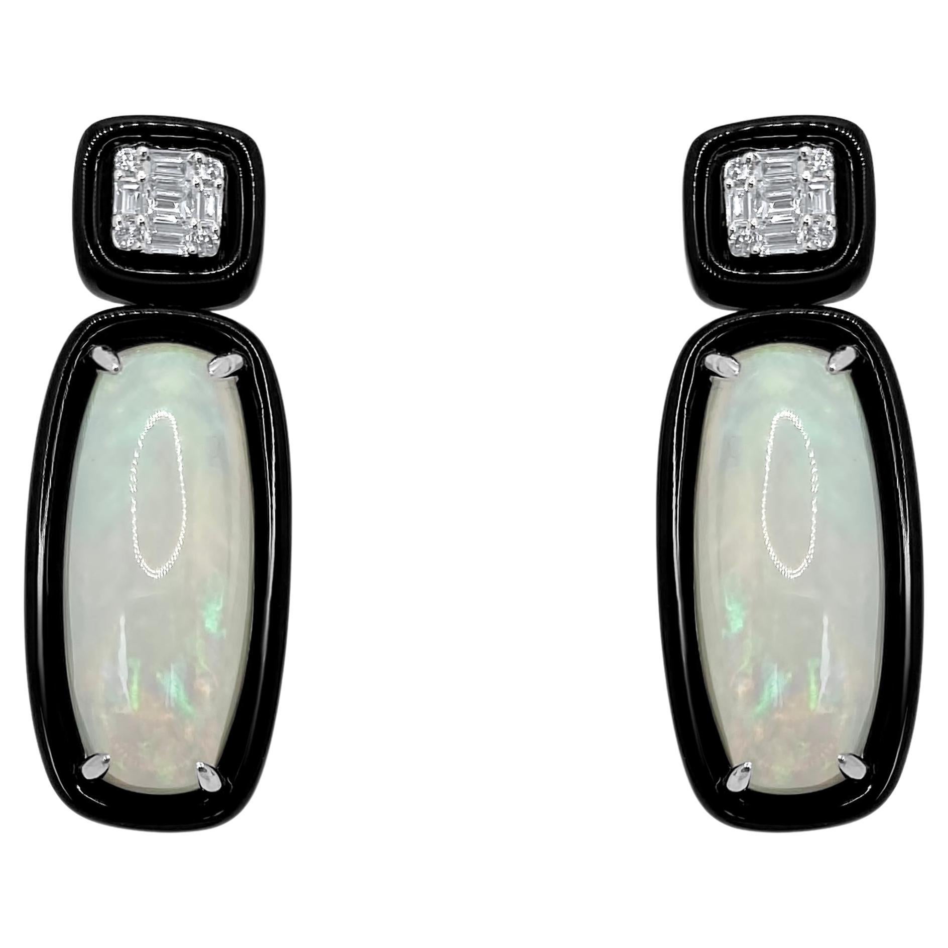 Opal Diamond (14.27ct) and Onyx Drop Earrings 'One of a Kind' For Sale
