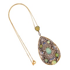 Opal Diamond and Sapphire Pendant Necklace Estate Fine Jewelry