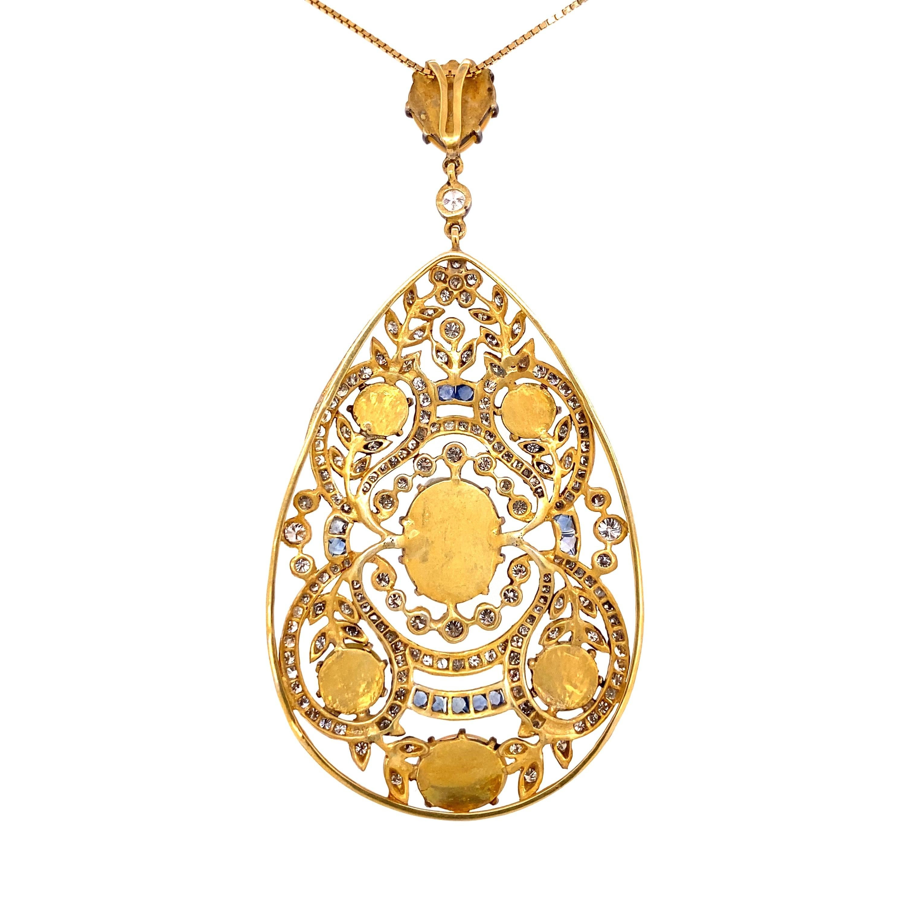 Modernist Opal Diamond and Sapphire Pendant Necklace Estate Fine Jewelry For Sale