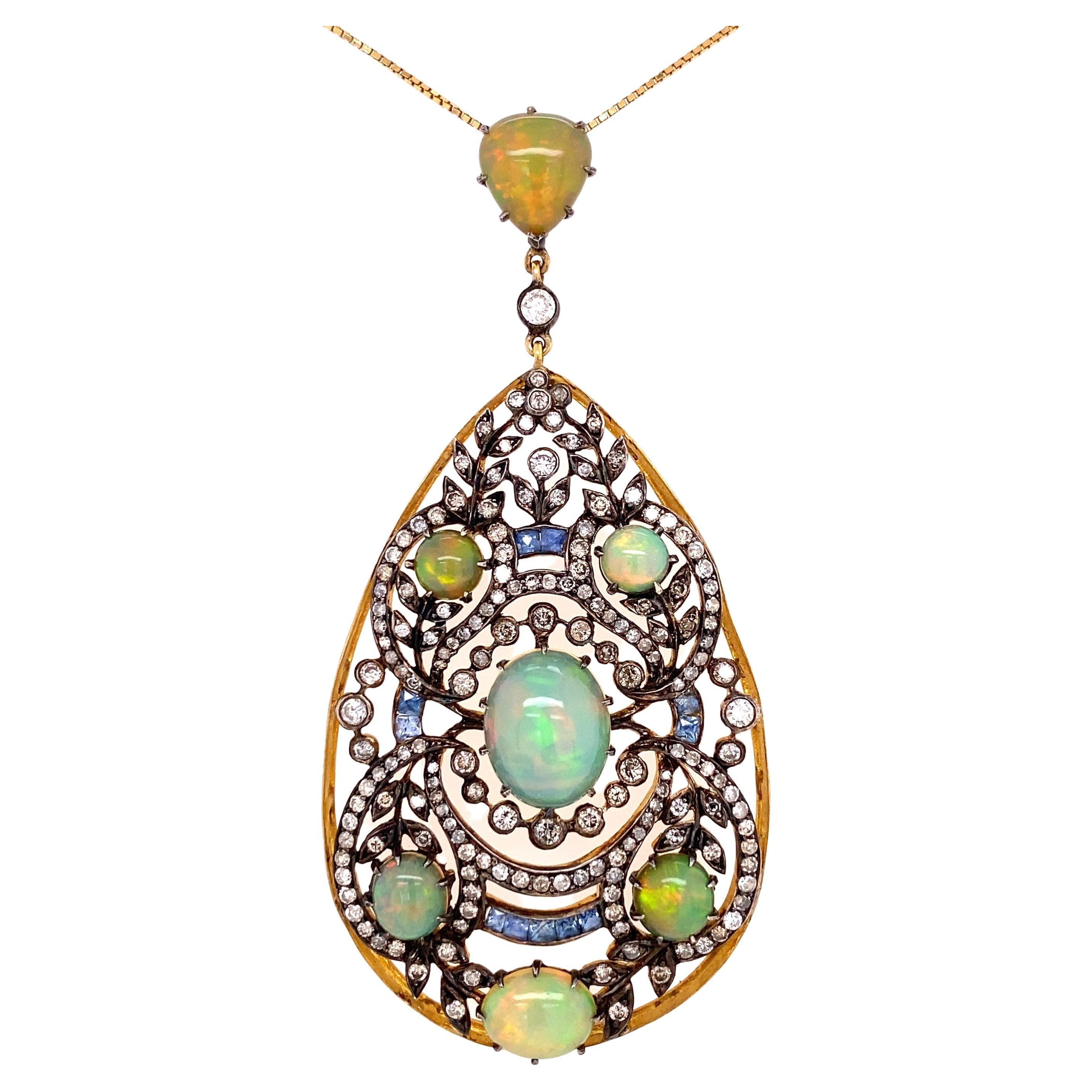 Opal Diamond and Sapphire Pendant Necklace Estate Fine Jewelry For Sale