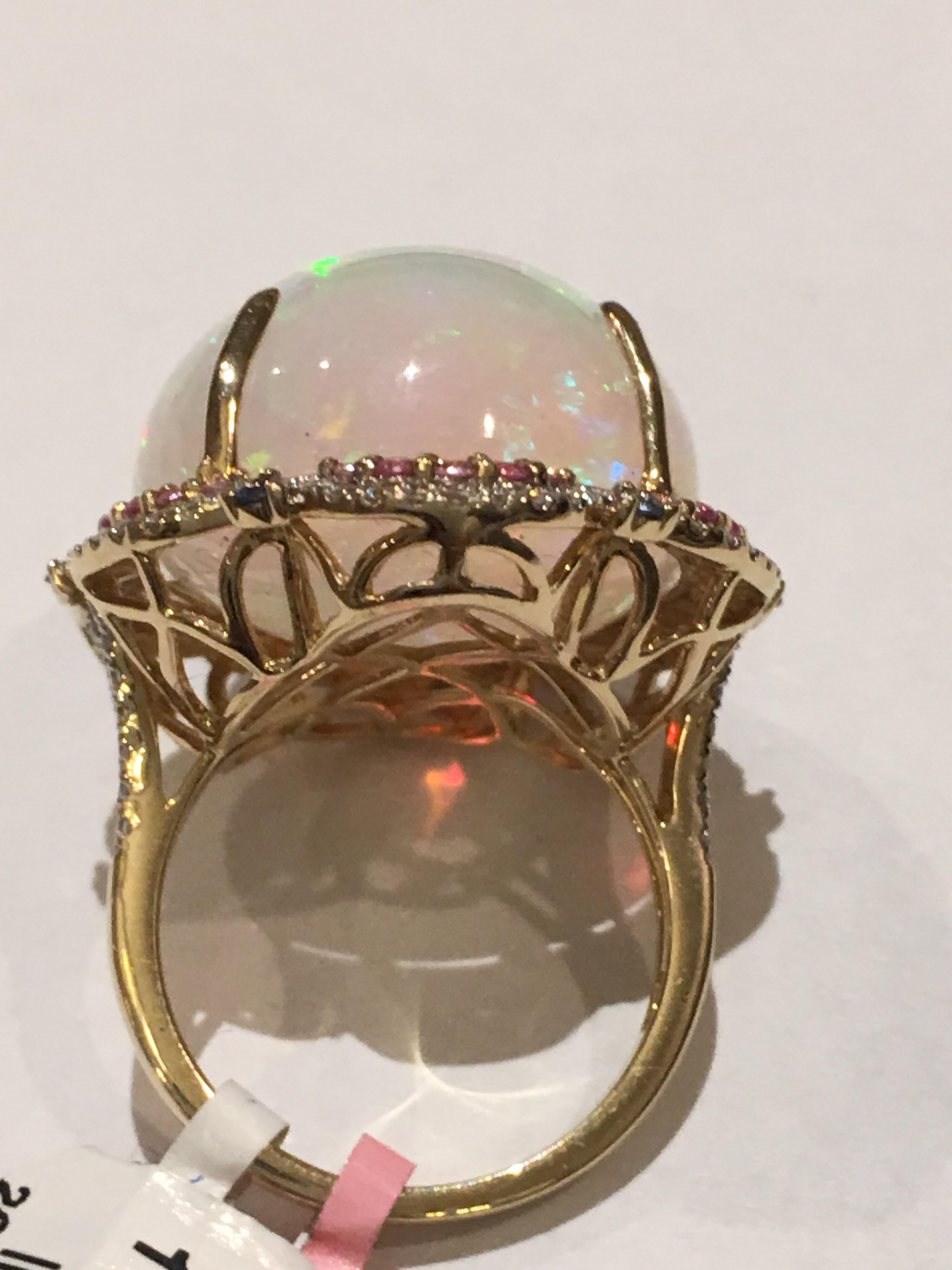 Artisan Opal Diamond and Sapphire Ring Set in 14 Karat Gold