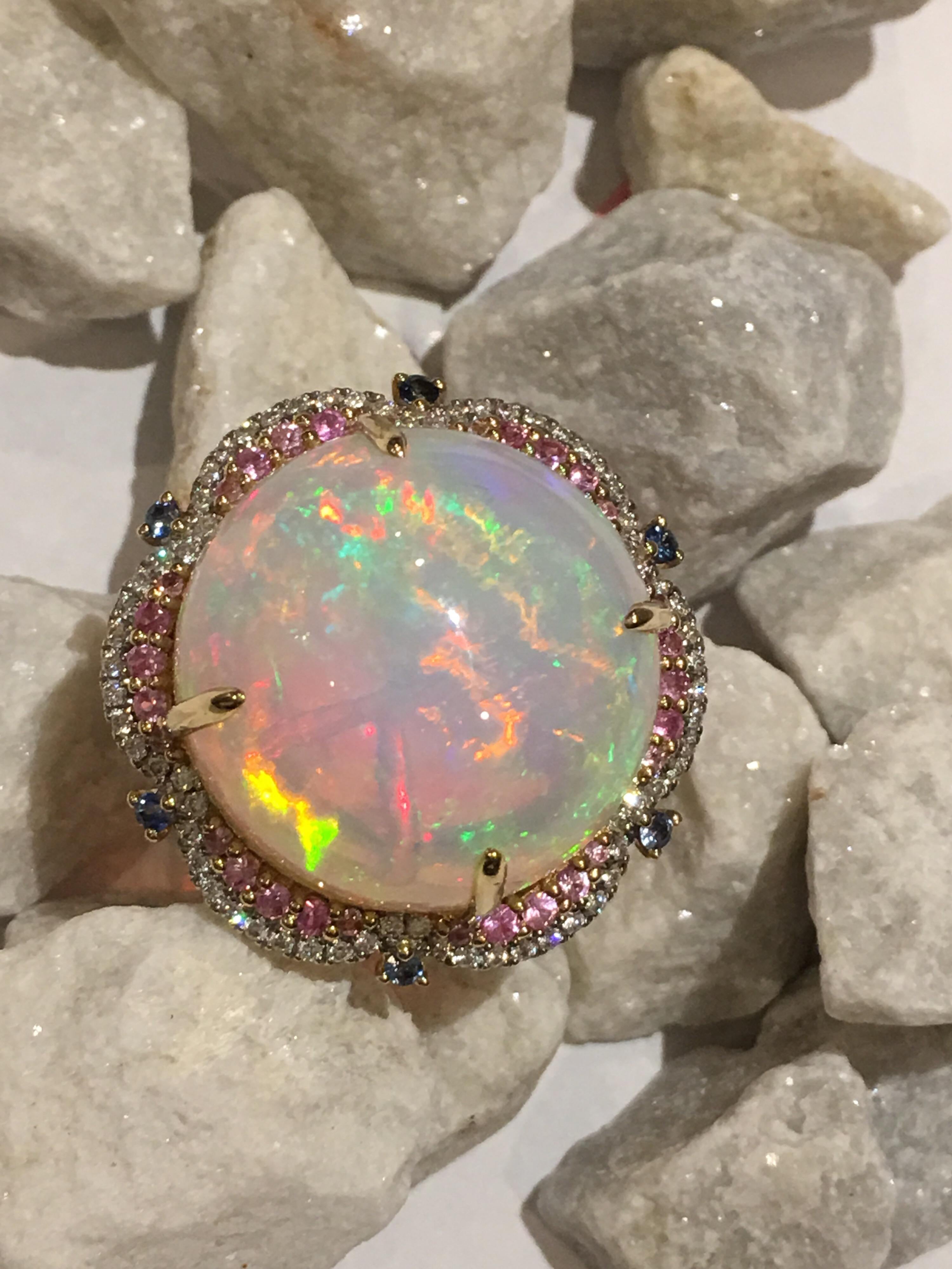 Opal Diamond and Sapphire Ring Set in 14 Karat Gold In New Condition In Trumbull, CT