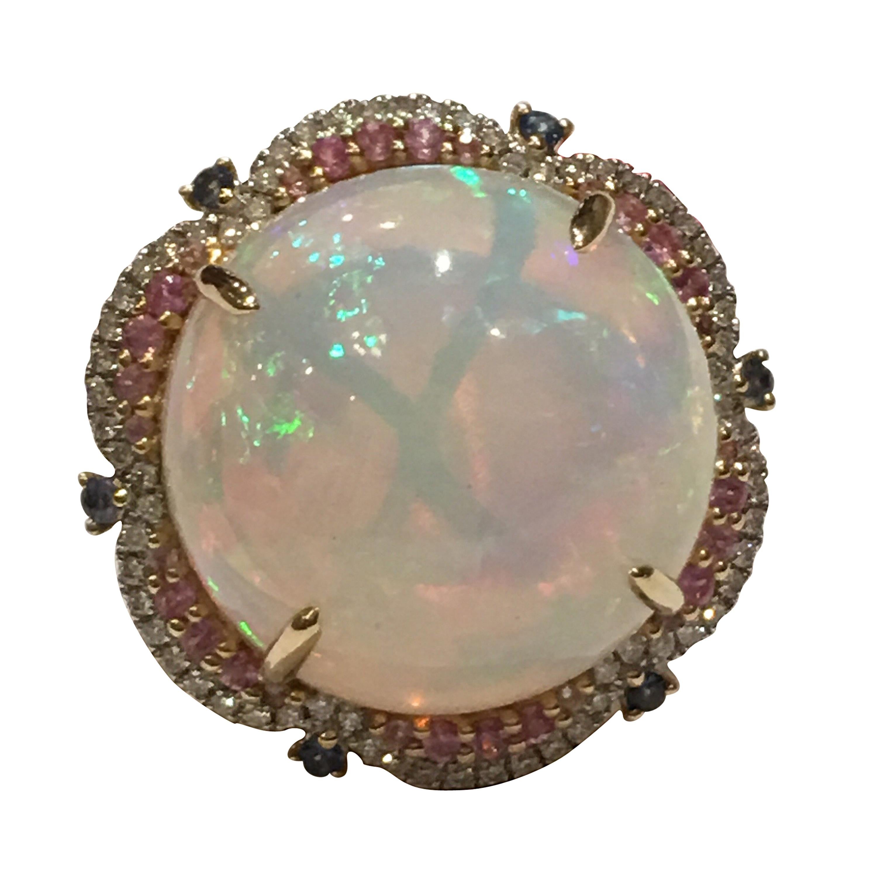 Opal Diamond and Sapphire Ring Set in 14 Karat Gold