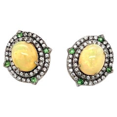 Opal, Diamond and Tsavorite Garnet Double Halo Earrings